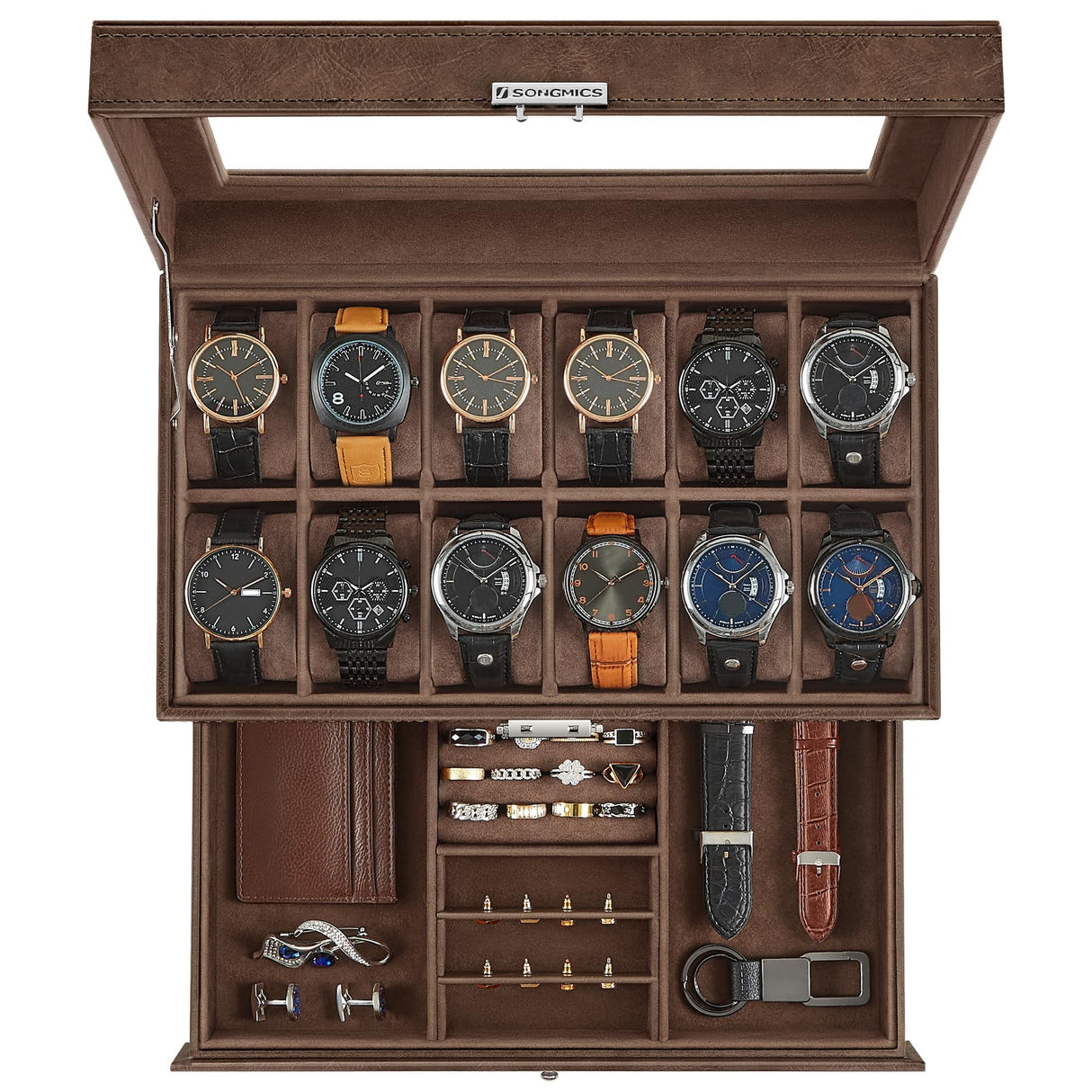 SONGMICS 12-Slot Watch Box, Lockable Watch Case with Glass Lid, 2 Layers, with 1 Drawer for Rings, Bracelets, Gift Idea, Brown Synthetic Leather, Brown Lining UJWB012K01 SONGMICS