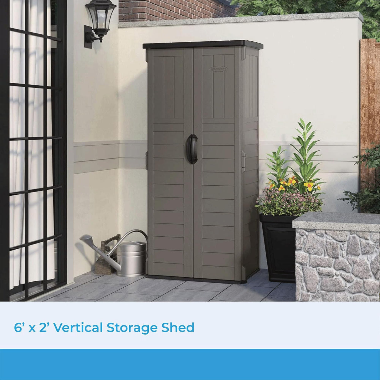 Suncast 22 Cubic Ft. Vertical Resin Outdoor Storage Shed with Lockable Double Doors, Weather-Resistant Multi-Wall Panels, Stoney Suncast