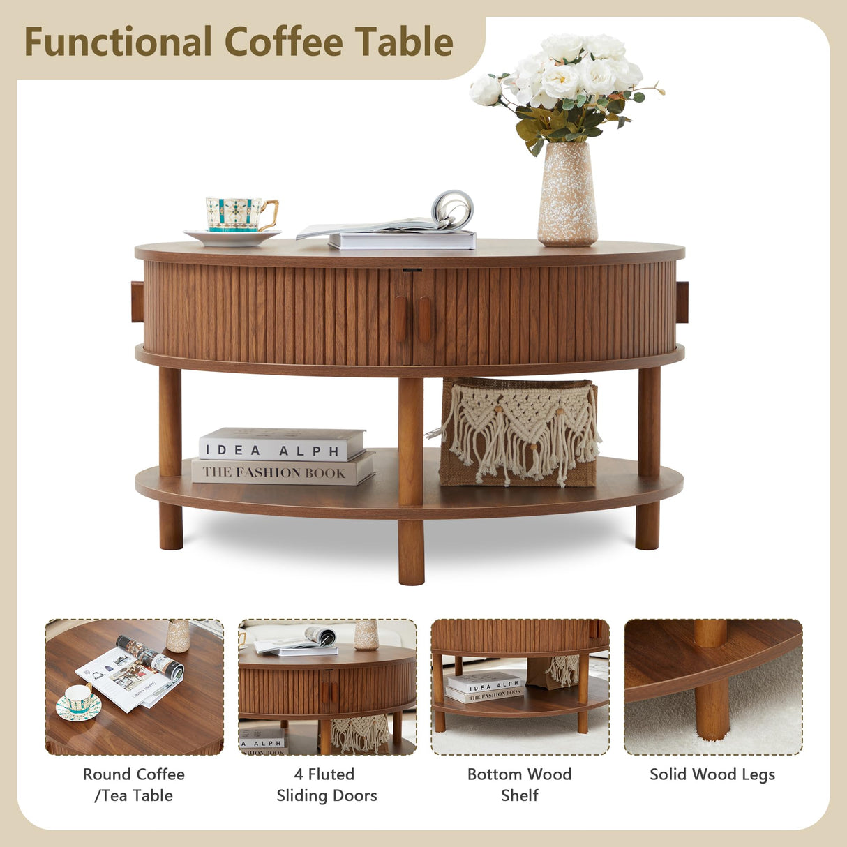 XUZENEST 31.5” Round Coffee Table with Storage, Mid Century Modern 2 Tier Coffee Table with Tambour Sliding Door, Solid Wood Legs Fluted Center Table for Living Room Home Office Small Space, Walnut XUZENEST
