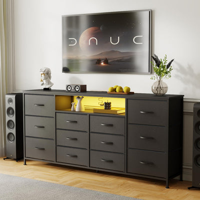 Patikuin 63" Dresser TV Stand for 65 70 75 Inch TV, Fabric Chest of Drawers with Charging Station, LED Lights, Open Shelves & 12 Drawer Dresser, Modern Entertainment Center, Black