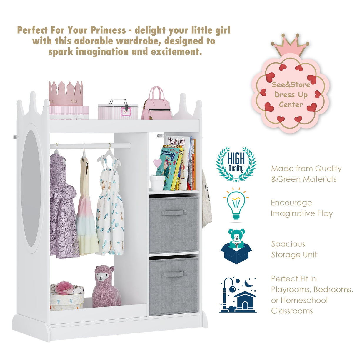 UTEX Kids Play Armoire with Mirror, Storage Bins and Closet for Dress Up and Costumes (White) UTEX
