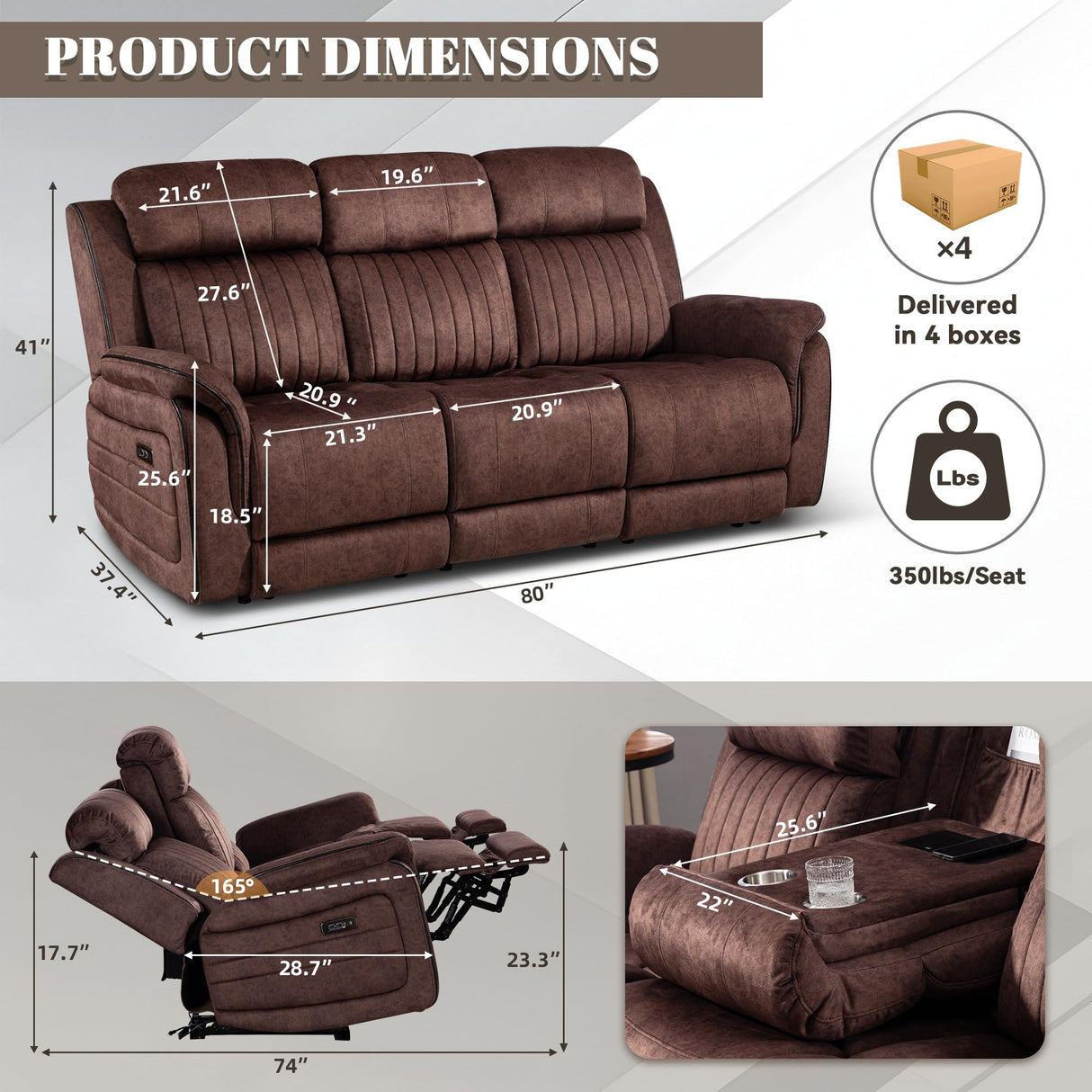 Zero Gravity Power Recliner Sofa Couch – Electric Reclining Sofa with Drop Down Table & Wireless Charging, 3 Seater Dual Reclining Couch with Adjustable Headrests for Living Room (Velvet, Brown) CALIVIA
