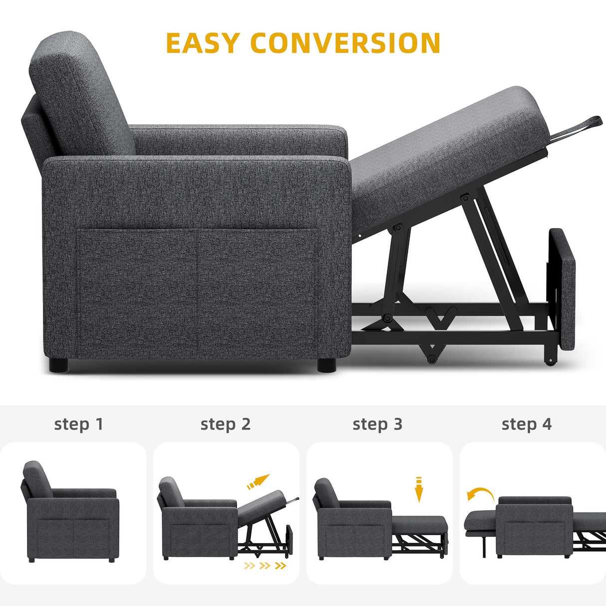 YITAHOME Convertible Sofa Chair Bed, 3-in-1 Sleeper Sofa with Pull-Out Bed, Linen Fabric Single Sleeper Chair with Reclining Backrest and Wide Armrest, Modern Lounge Chair for Small Space, Grey YITAHOME