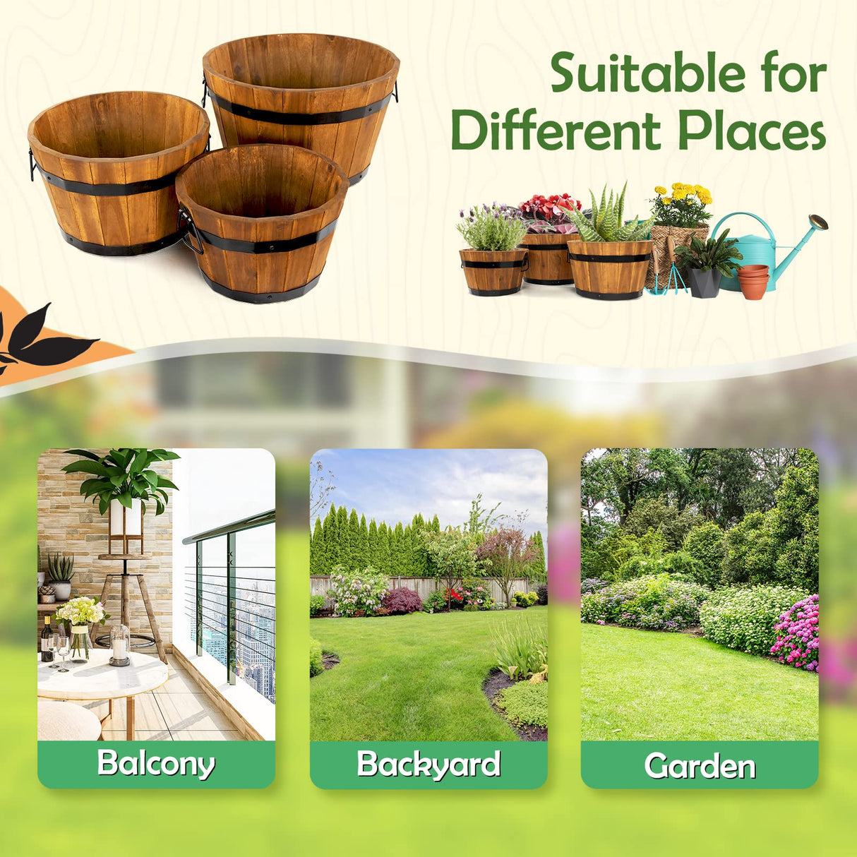 Idzo Set of 3 Wooden Flower Boxes Outdoor, Durable Acacia Wood Barrel Planters for Outdoor Plants with Ergonomic Handles, Drainage Holes, Multiple Sizes Wood Bucket Planter Light Brown IDZO