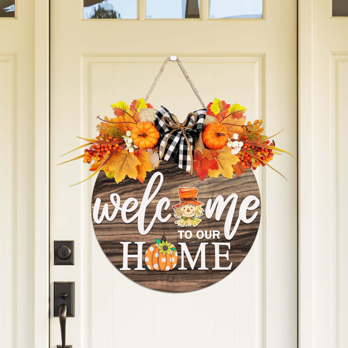 Interchangeable Welcome Sign for Front Door with 4 Seasonal Wreaths and 21 Changeable Icons, Farmhouse Rustic Outdoor Welcome Signs Porch, Holiday Spring Summer Winter Fall Decorations for Home Gifts OWUH