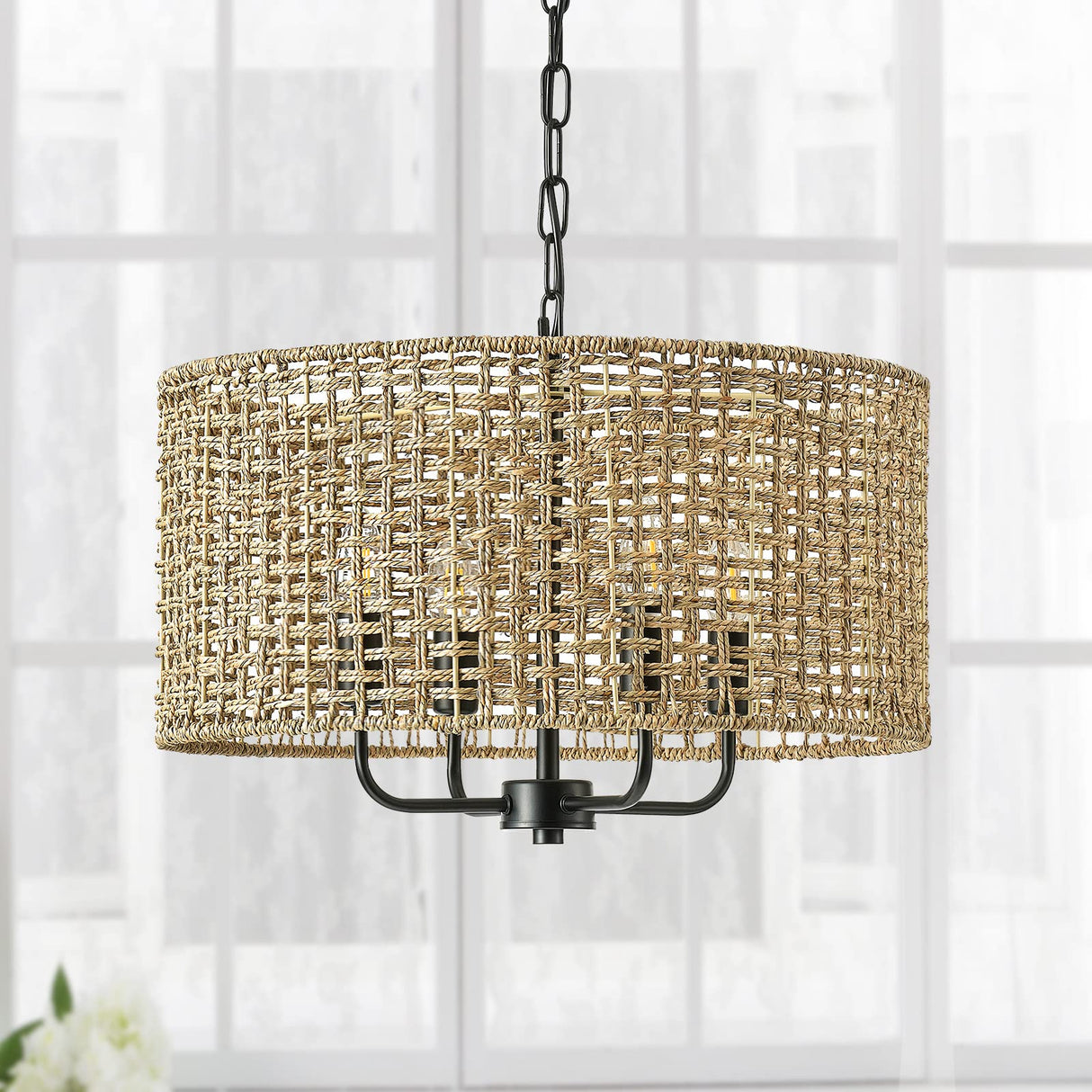Giutna Rattan Wicker Drum Chandeliers for Dining Room, 4-Light Bohemian Hand-Woven Farmhouse Drum Pendant Chandelier Light Fixture for Entryway Living Room Kitchen Stairway Bedroom Hallway Giutna
