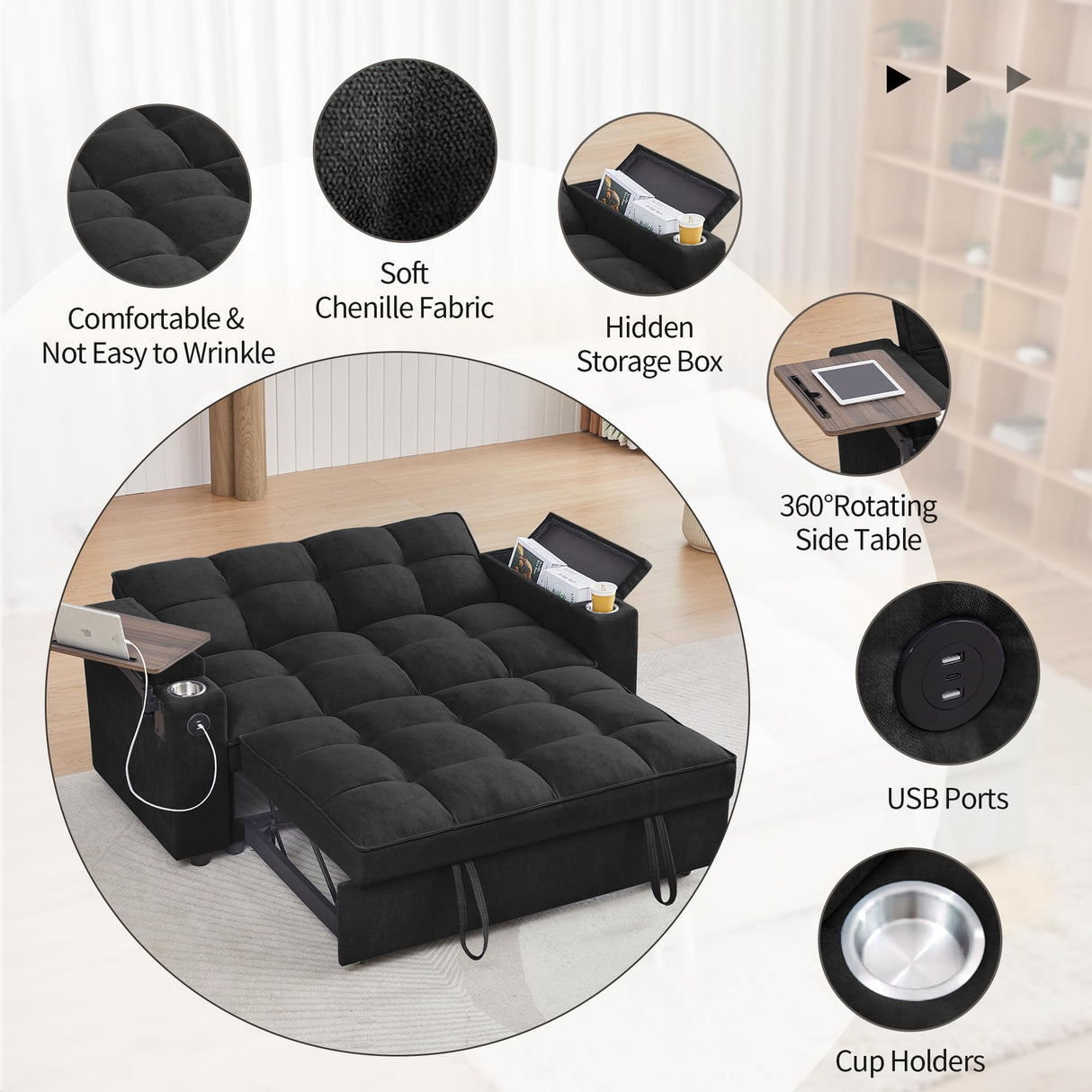 Eafurn 64.96" Oversized Convertible Sleeper Sofa Couch Bed, Queen Futon Loveseat Pull Out Sofabed Recliner Lounge Love Seat with Reclining Backrest,Storage Armrest,USB Port,Side Table and Cupholders Eafurn