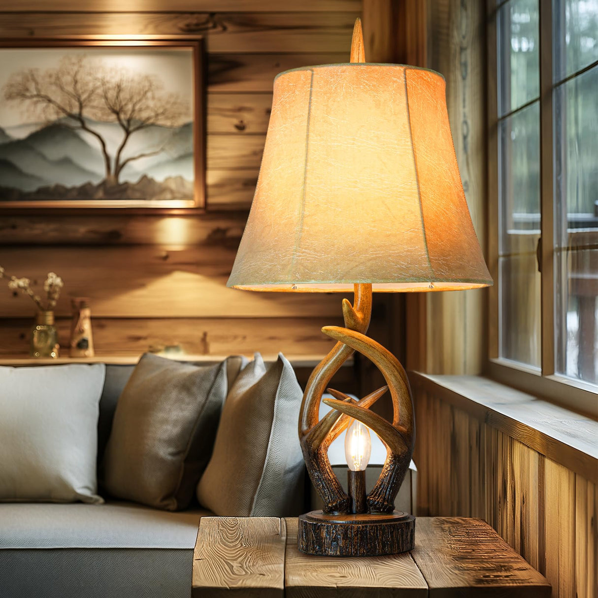 Scenekoy Rustic Farmhouse Antlers Bedside Table Lamp Set of 2 with Nightlight Dual USB Ports Leather Soft Bell Shade Brown Finish nightstand Lamp Decor for Living Room Bedroom Office House Hotel Scenekoy