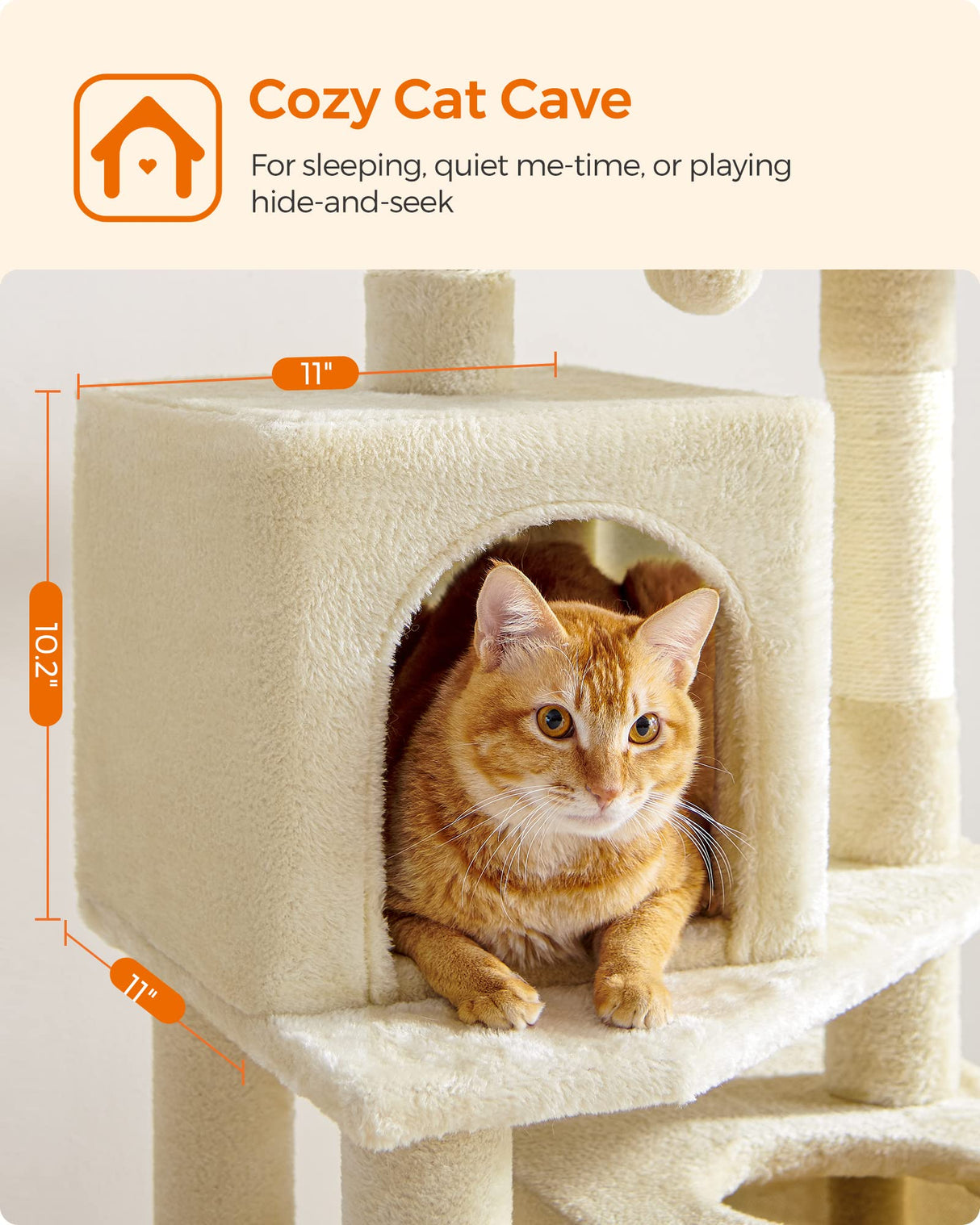 Feandrea Cat Tree, 61-Inch Cat Tower for Indoor Cats, Plush Multi-Level Cat Condo with 5 Scratching Posts, 2 Perches, 2 Caves, Hammock, 2 Pompoms, Beige UPCT192M01 Feandrea