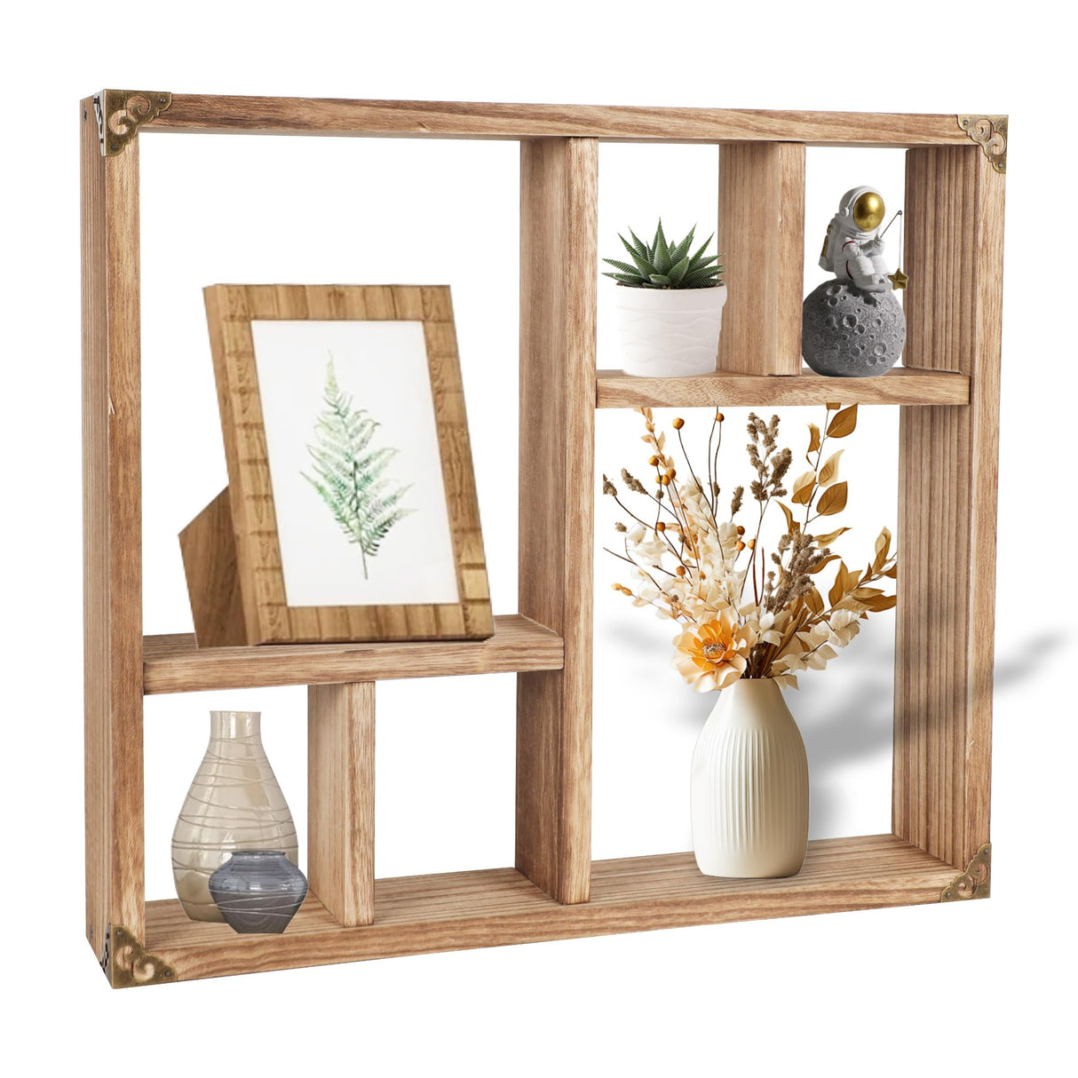 MITREL 17.7x15.7-Inch Shadow Box Display Shelf,6-Slot Rustic Floating Shelves,Larger Wood Trinket Shelf Freestanding Farmhouse Curio Shelf(6C-Brown) MITREL