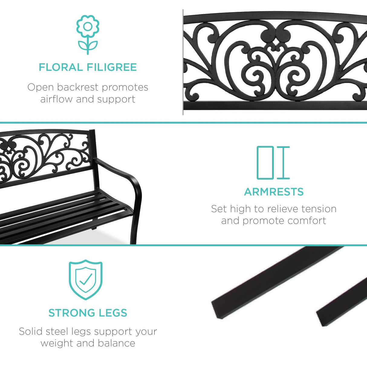 Best Choice Products Outdoor Bench Steel Garden Patio Porch Furniture for Lawn, Park, Deck w/Floral Design Backrest, Slatted Seat - Black Best Choice Products