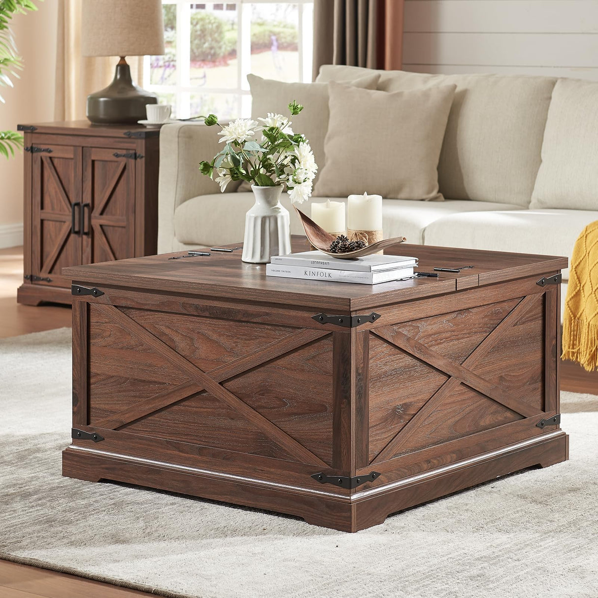 Barnyatoh Farmhouse Square Coffee Table with Storage, Wood Center Table with Hinged Lift Top, Rustic Cocktail Table with Large Hidden Storage Compartment for Living Room, Bedroom,Brown Barnyatoh