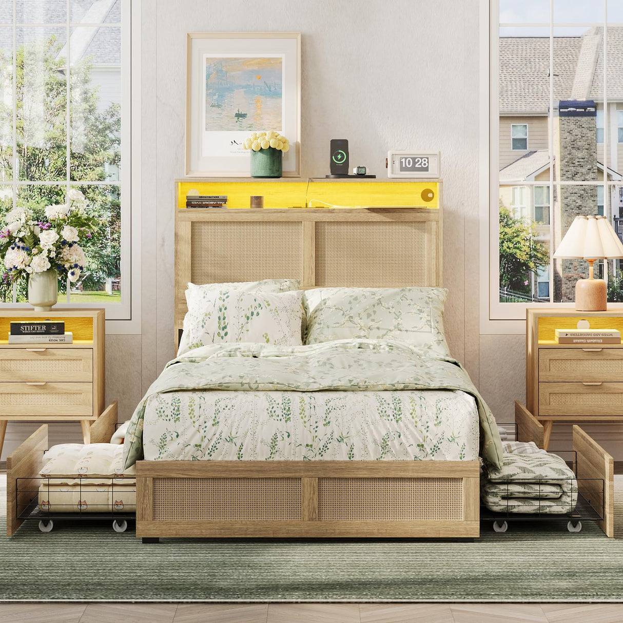 Maupvit Twin Size Boho Bed Frame with Rattan Hidden Storage Headboard, LED Light and 4 Drawers, Charging Station, Metal Platform Bed, No Box Spring Needed,Brown Maupvit