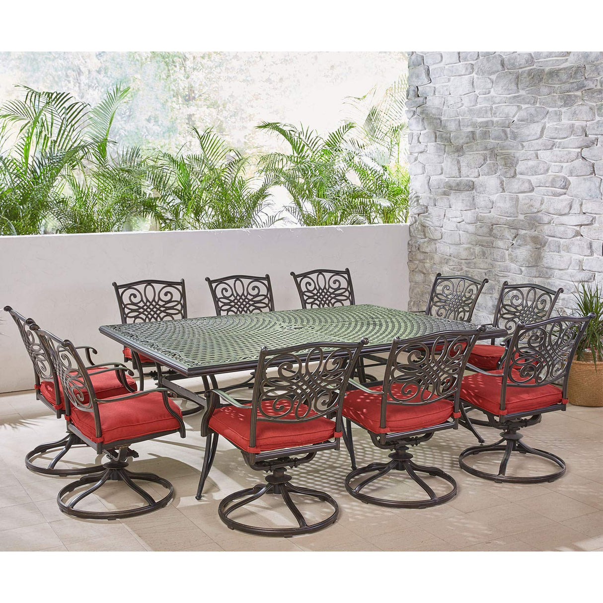 Hanover Traditions 11-Piece Modern Outdoor Dining Set with Rust Resistant Cast Aluminum Rectangular Large Dining Table and 10 Swivel Rocker Chairs with Plush Weather Resistant Red Cushions Hanover