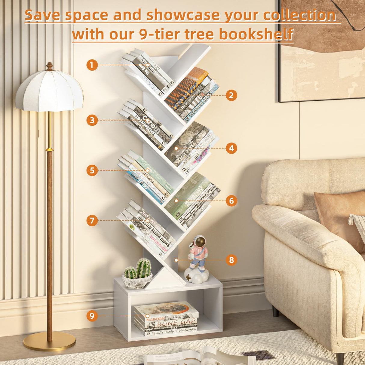 SHEEPAM 9 Tier Tree Bookshelf,Christmas Green Bookcase for Narrow Space, Storage Organizer Floor Standing Bookshelves for Books, Tall Book Case for Home Office, Living Room, Bedroom SHEEPAM