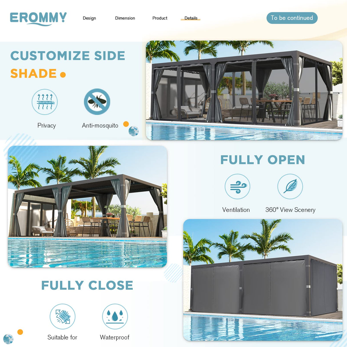 EROMMY Louvered Pergola 10' x 20' Outdoor Hard Top Pergola with Aluminum Frame and Adjustable Metal Rainproof Roof for Garden & Patio, Curtains and Netting Included, Gray-Black EROMMY