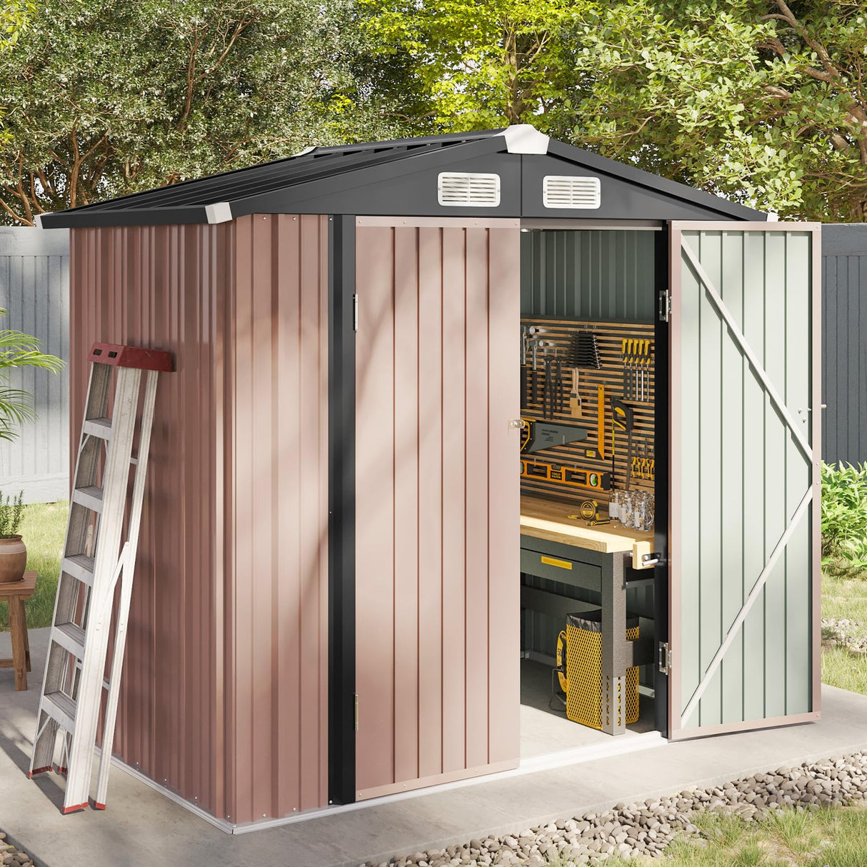 Aoxun 6.2x4 FT Shed Outdoor Storage Shed Metal Garden Shed with Lockable Doors & Slooping Roof Tool Shed Bike Shed for Backyard, Patio, Poolside (Brown) Aoxun