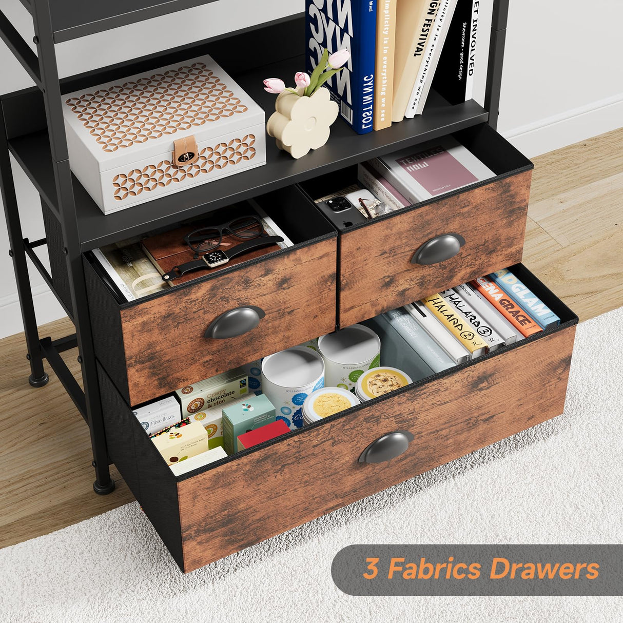 6 Tier Bookshelf, 47-Inch Small Bookcase with 3 Fabric Storage Drawers, Wood and Metal Book Shelf Storage Organizer, Industrial Display Standing Shelf Unit for Bedroom, Living Room, Rustic Brown Mexin