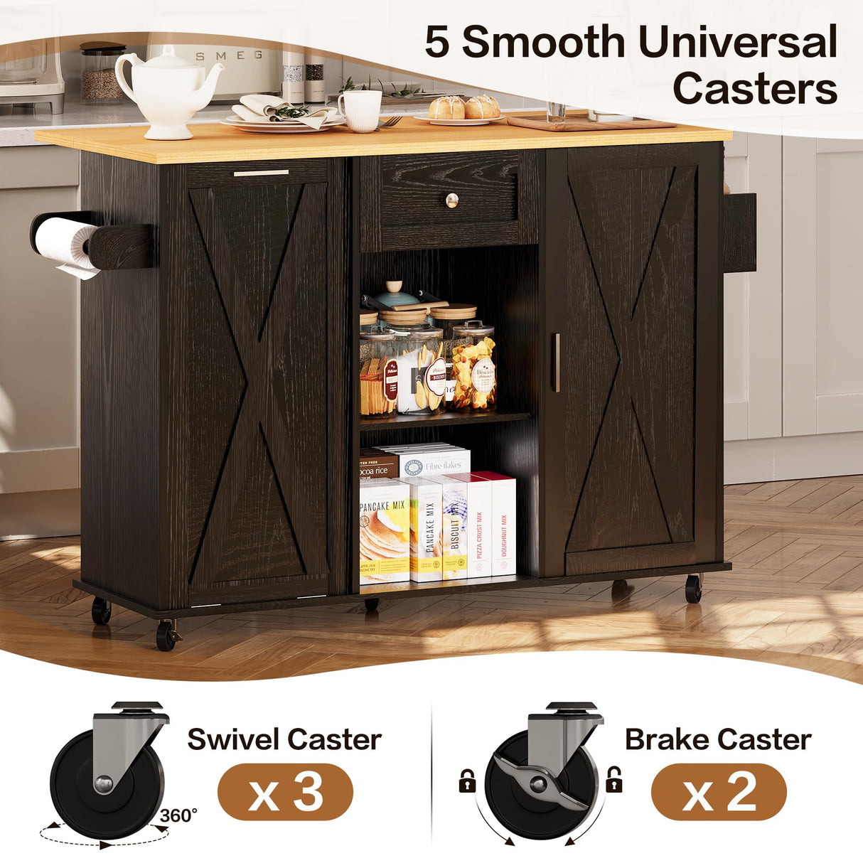 Rolling Kitchen Island with Trash Can Storage, Kitchen Island Cart with Drop Leaf Countertop, 47.2” Kitchen Island on Wheels, Island Table with Drawer & Shelf for Kitchen, Fits 10-Gallon Bins spanspace