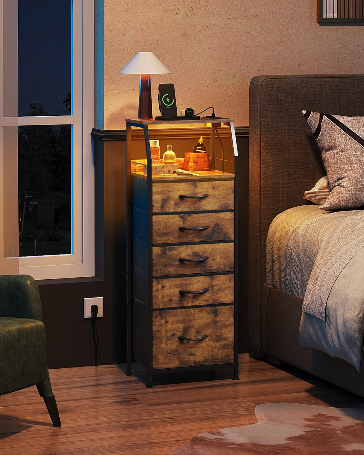 WLIVE LED Nightstand with Charging Station, Fabric Dresser with 5 Drawers for Bedroom, Tall Night Stand with Open Shelves, Bed Side Tables Living Room, Rustic Brown WLIVE