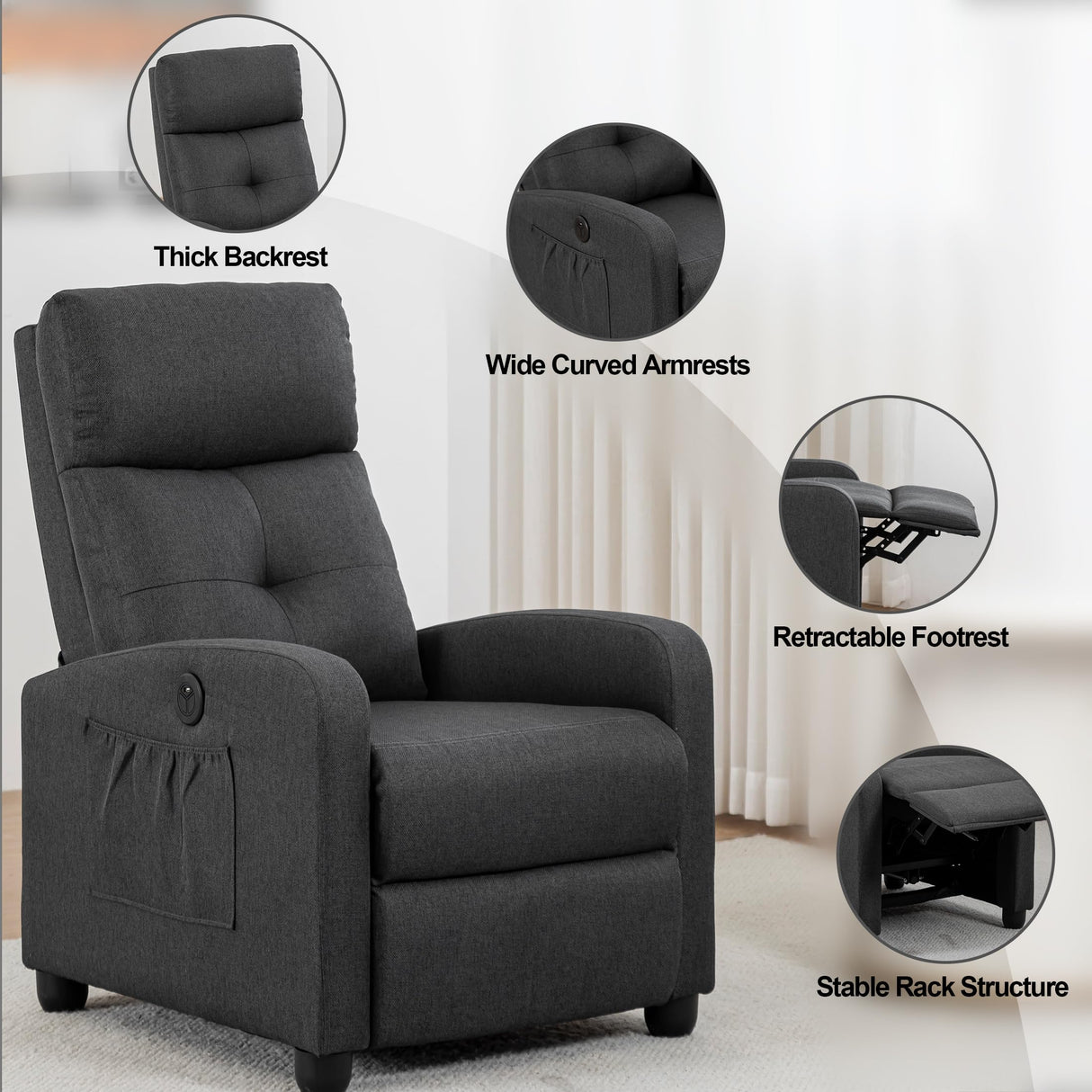Sftaiyou Power Massage Small Recliner Chair, Fabric Recliners for Adults, Adjustable Home Theater Seating with Lumbar Support, Modern Reclining Sofa Chair for Living Room Bedroom (Black) Sftaiyou