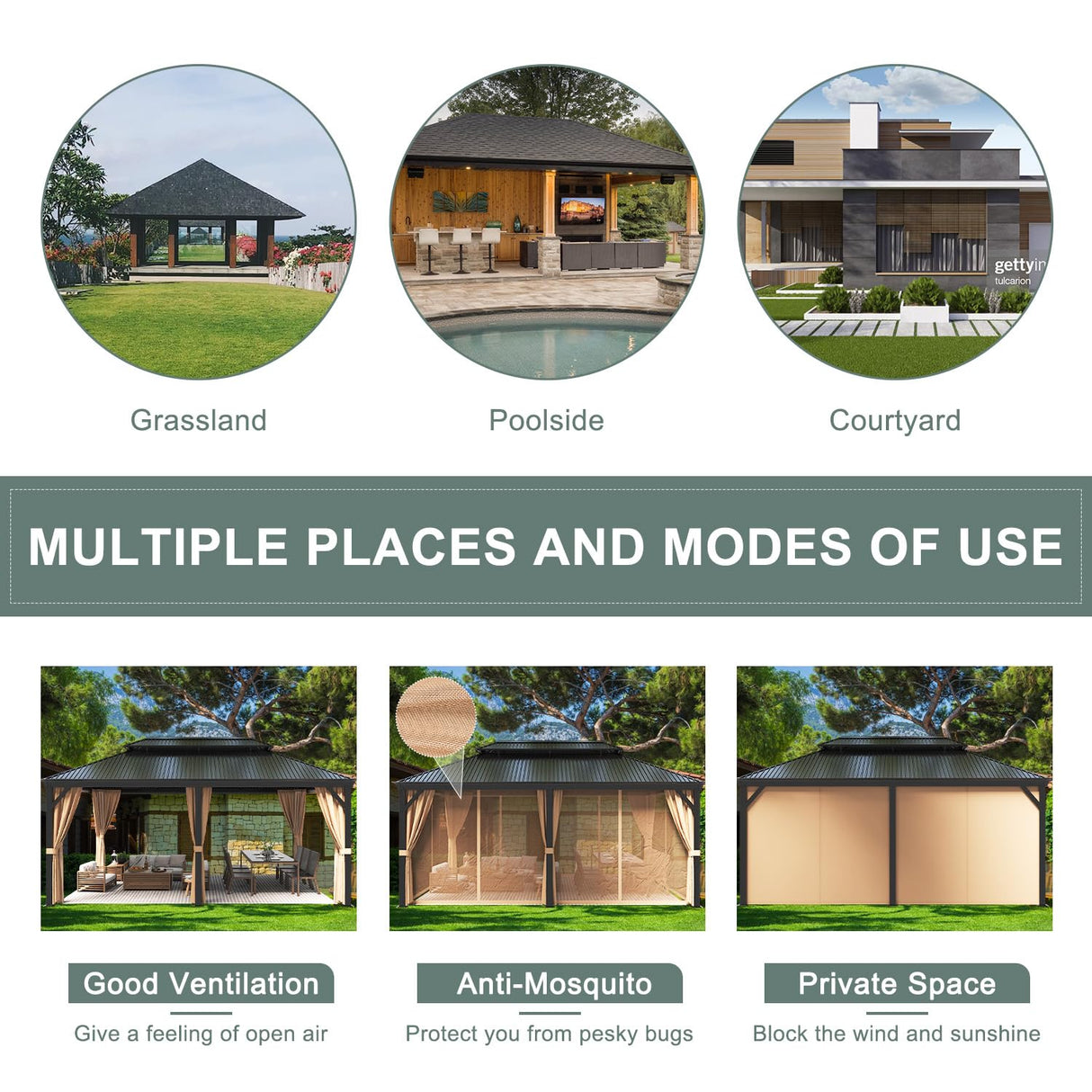 Greesum 12'x20' Hardtop Metal Gazebo, Outdoor Galvanized Steel Double Roof Canopy, Aluminum Frame Permanent Pavilion with Netting and Curtains for Backyard, Patio, Deck, Parties Greesum