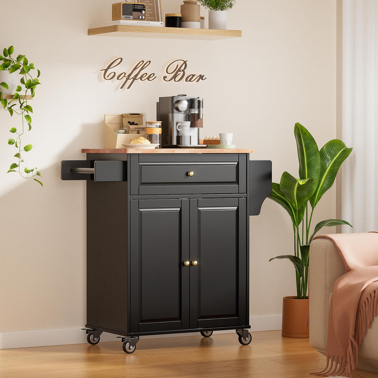 Gizoon Black Kitchen Island Cart with Rubberwood Top & Multi-Storage for Home and Dining Gizoon