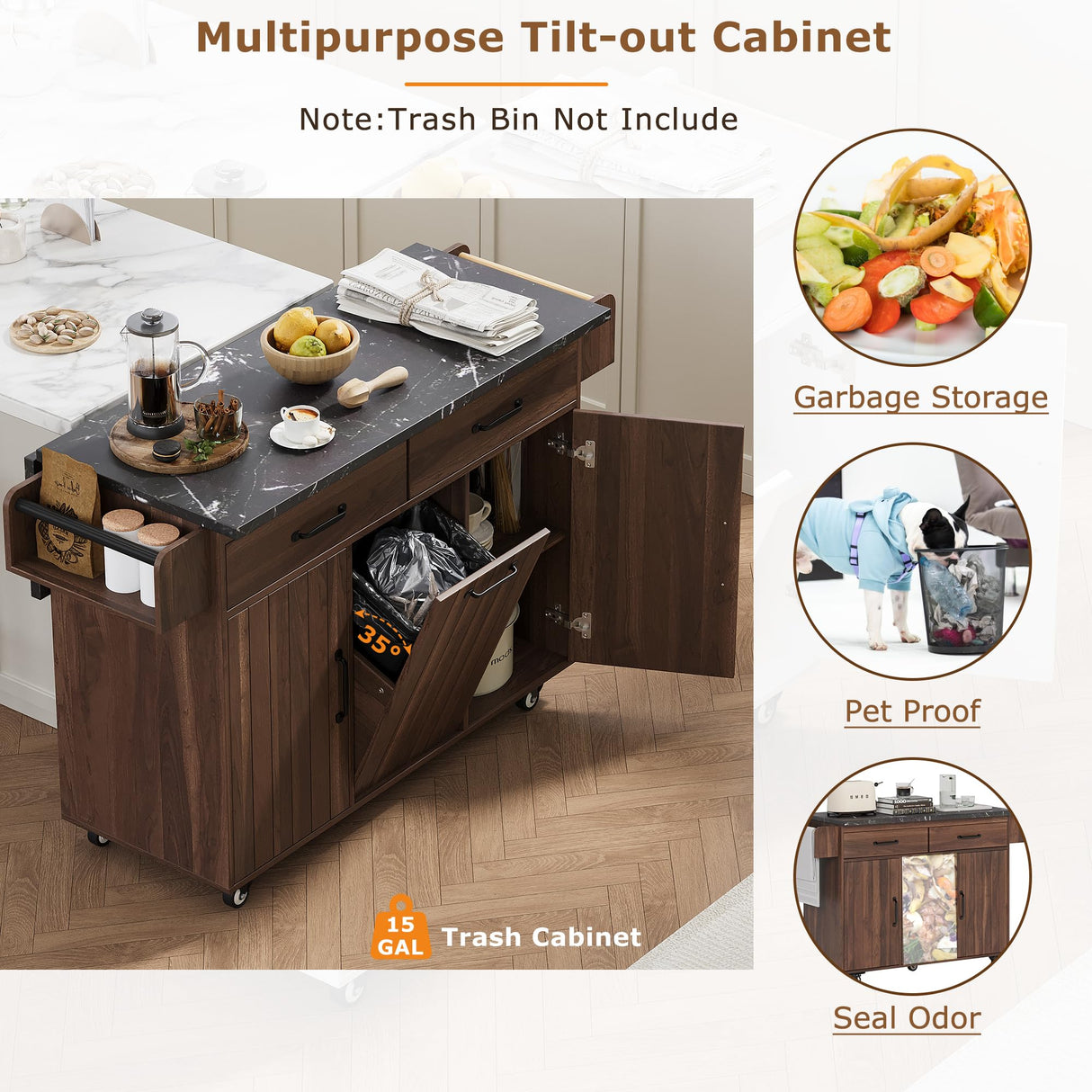 jurmiture Kitchen Island with Trash Can Storage Cabinet, Kitchen Cart with Drop Leaf, Spice Rack, Towel Rack and Drawer, Rolling Kitchen Island on Wheels with Adjustable Shelf (Brown) jurmiture