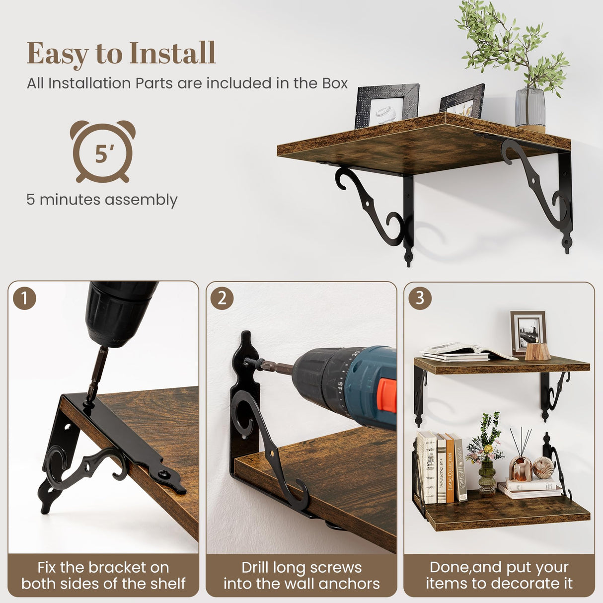 Fun Memories 40 Inch Floating Shelves Wall Mounted, 12 Inch Deep Wall Shelves with Bracket, Rustic Hanging Bookshelf, 40" Bookshelves for for Living Room, Kitchen and Bedroom, Rustic Brown, Set of 2 Fun Memories