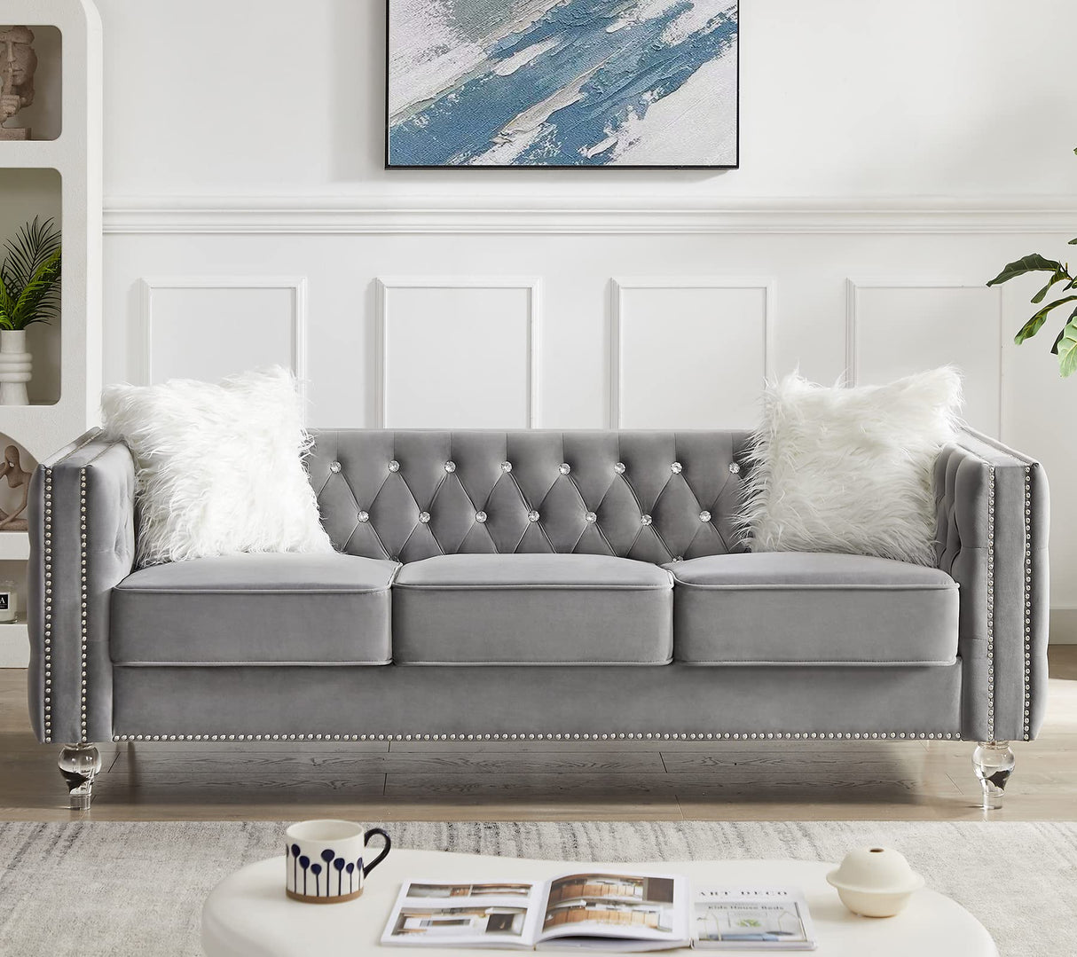 mikibama Velvet 3 Seater Sofa Couch with Buttons and Square Arms 83.07 Inch Tufted 3-seat Sofas with Trimmed Nailhead and Acrylic Legs Modern Couches for Living Room,Bedroom(Grey-Crystal Legs, Sofa) mikibama