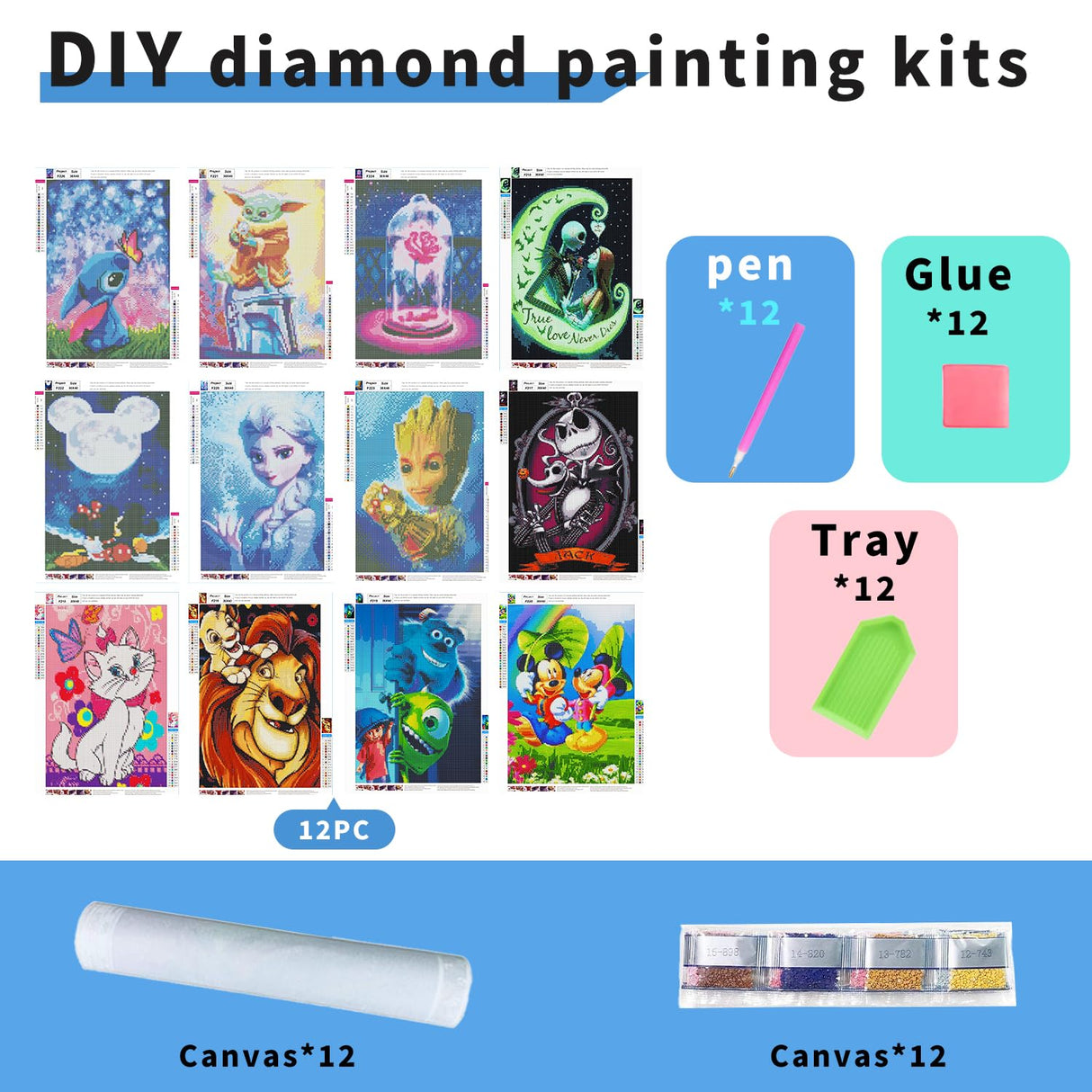 12 Pack Diamond Art Kits for Adults,5D Diamond Painting Kits for Adults,Cartoon and Animation Series Paint with Numbers Diamonds for Home Wall Decor Festival Gift 12x16 Inch FFPTBNYX