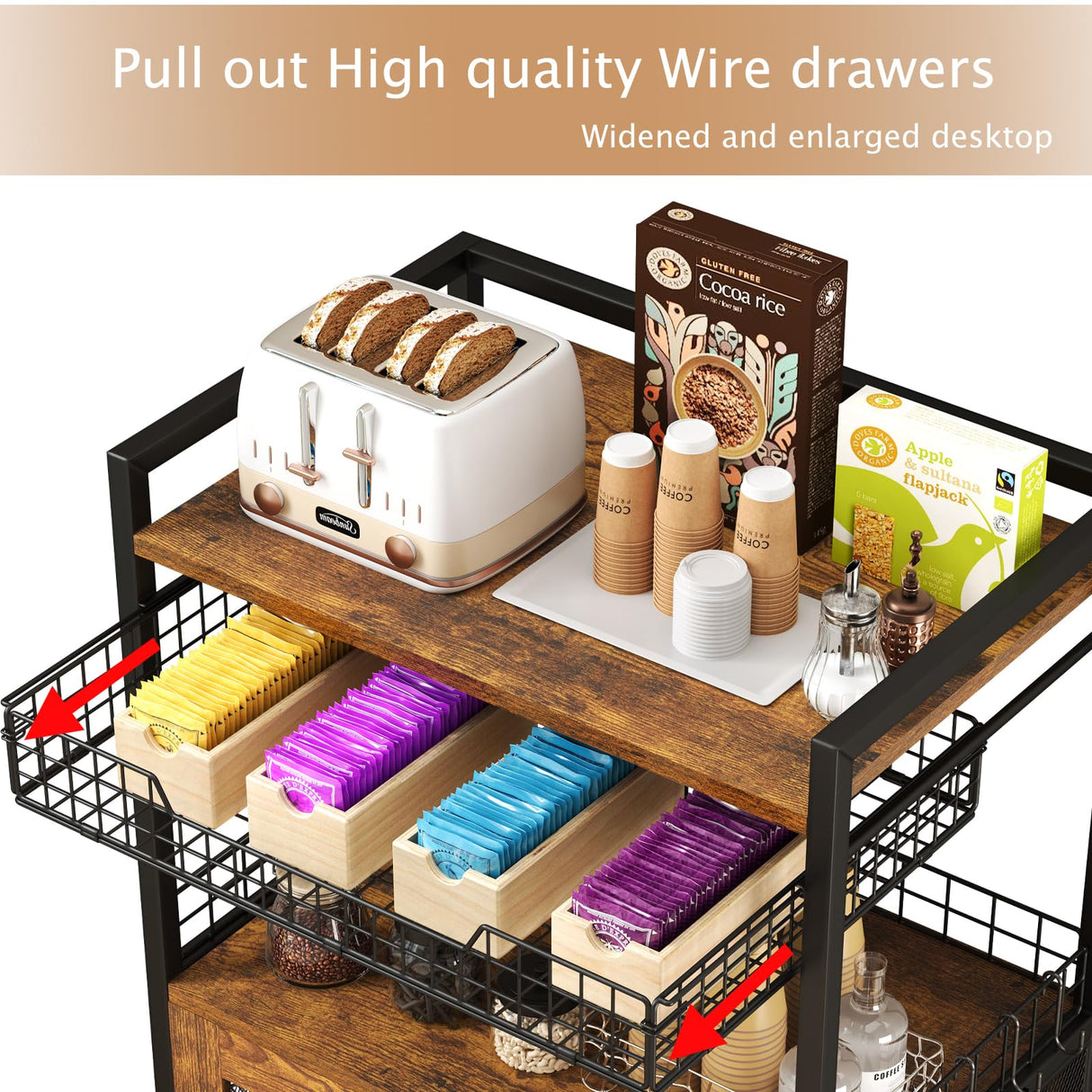 Hencawima Coffee Bar Cabinet, 3 Tier Coffee Station Table on Wheels, 35.9" H Bar Cart with Wire Basket Drawer & 5 Hooks for Home Kitchen, Liquor Buffet Sideboard Cabinet (Rustic Brown) Hencawima