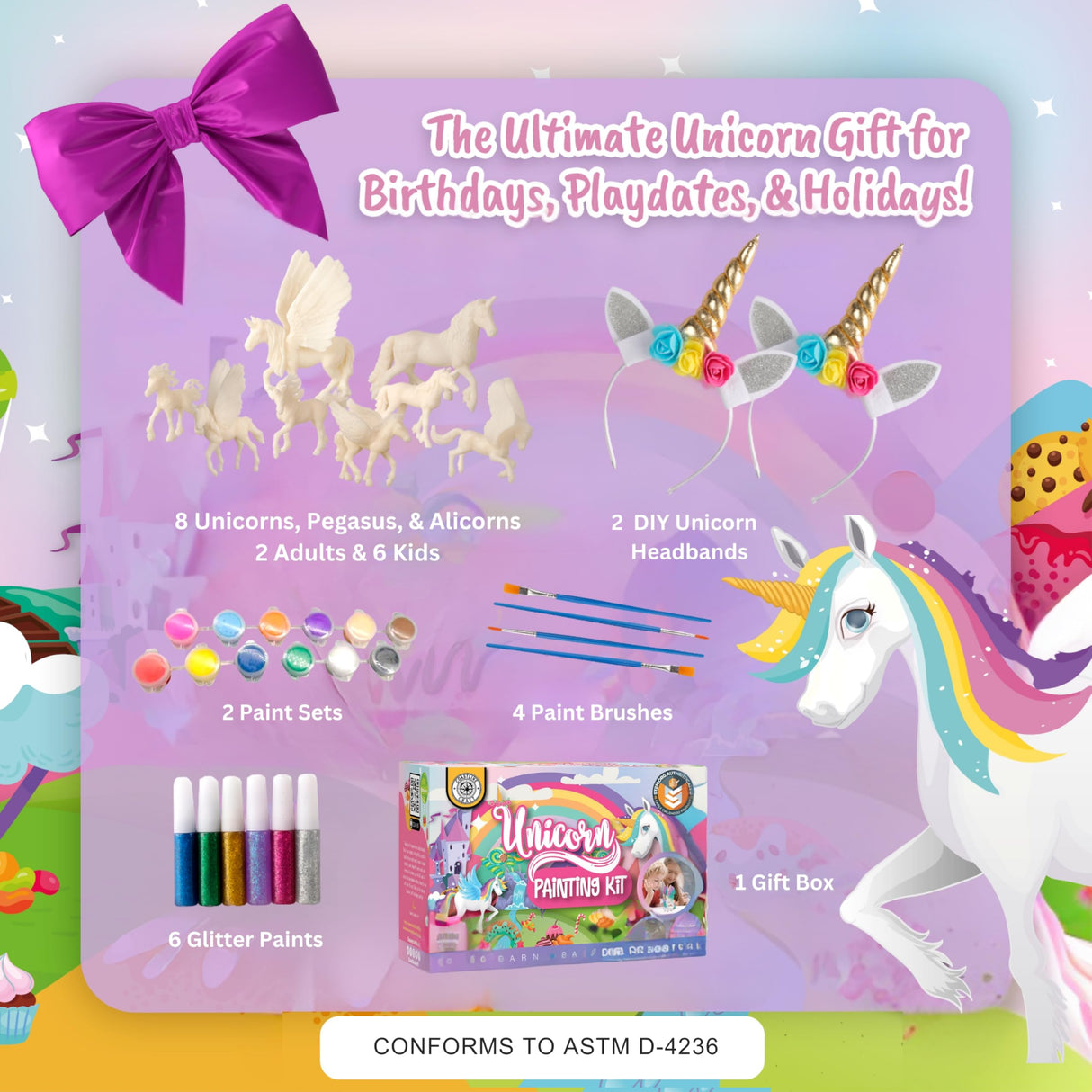 Unicorn Painting Kit for Girls - STEM Certified Unicorn Craft for Girls Ages 4-6 & up- Paint Your Own Arts and Crafts Includes 2 DIY Headbands & 8 Kids Painting Crafts for Fun Screen-Free Play COASTLINE CRAFT