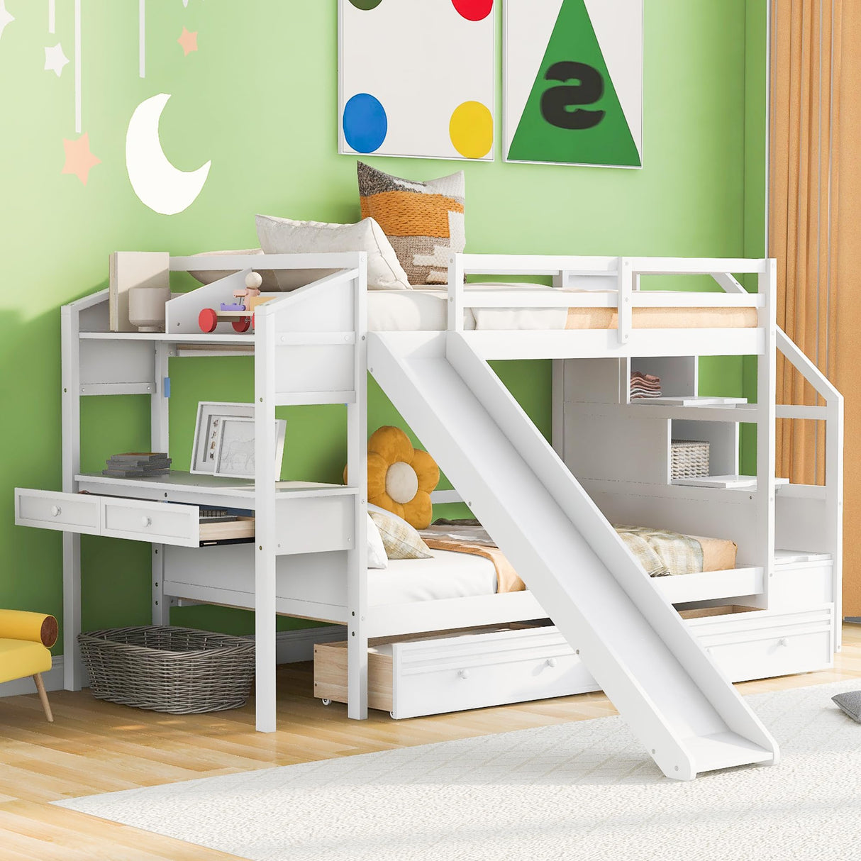 Harper & Bright Designs Bunk Bed with Stairs & Slide, Wood Twin Over Twin Bunk Bed with Desk and Shelves,Bunk Bed Twin Over Twin Size with Storage Drawers for Kids Teens Girls Boys, White Harper & Bright Designs