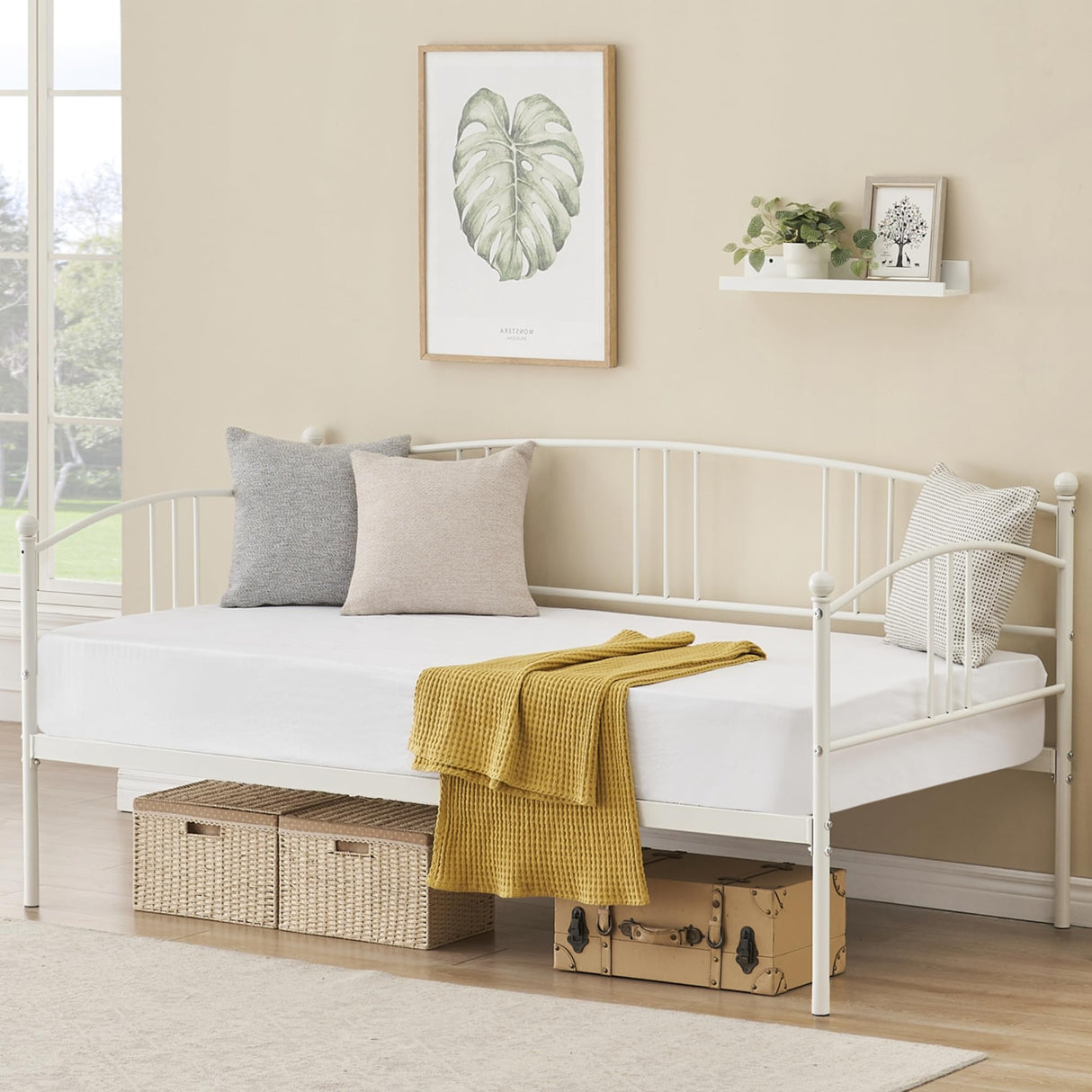 IDEALHOUSE Twin Daybed with Trundle, Metal Twin Size Daybed with Pullout Trundle 6 Casters, Steel Slat Support Sofa Bed for Living Room, Bedroom, Guest Room (White) IDEALHOUSE