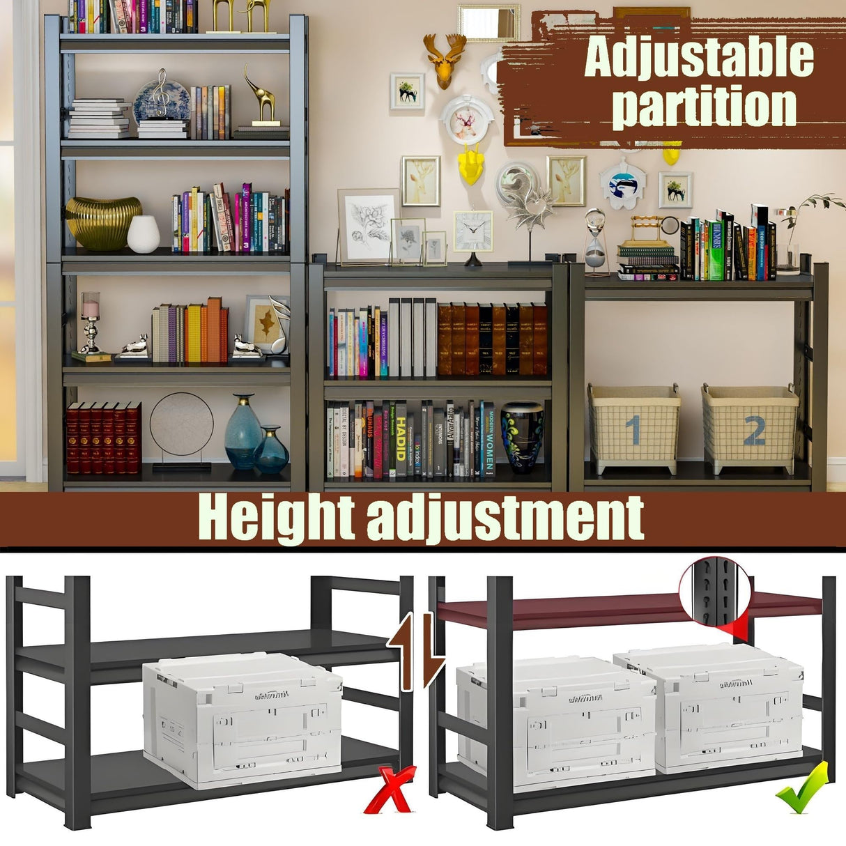 Hymnxemo 5-Tier Metal Bookshelf, Adjustable Industrial Bookcase, 72" Tall Storage Shelf for Books, CDs, Movies – Free Standing, for Office, Living Room, Bedroom Hymnxemo