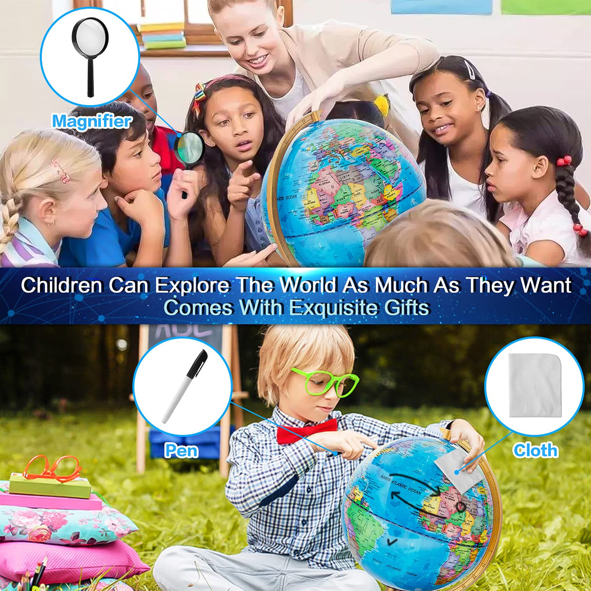 TTKTK Illuminated World Globe for Kids & Adults All Ages with Wooden Stand 7 in 1- Night View Stars Map Constellation Globe with Detailed Colorful World,Built-in LED Bulb, Educational Gift TTKTK