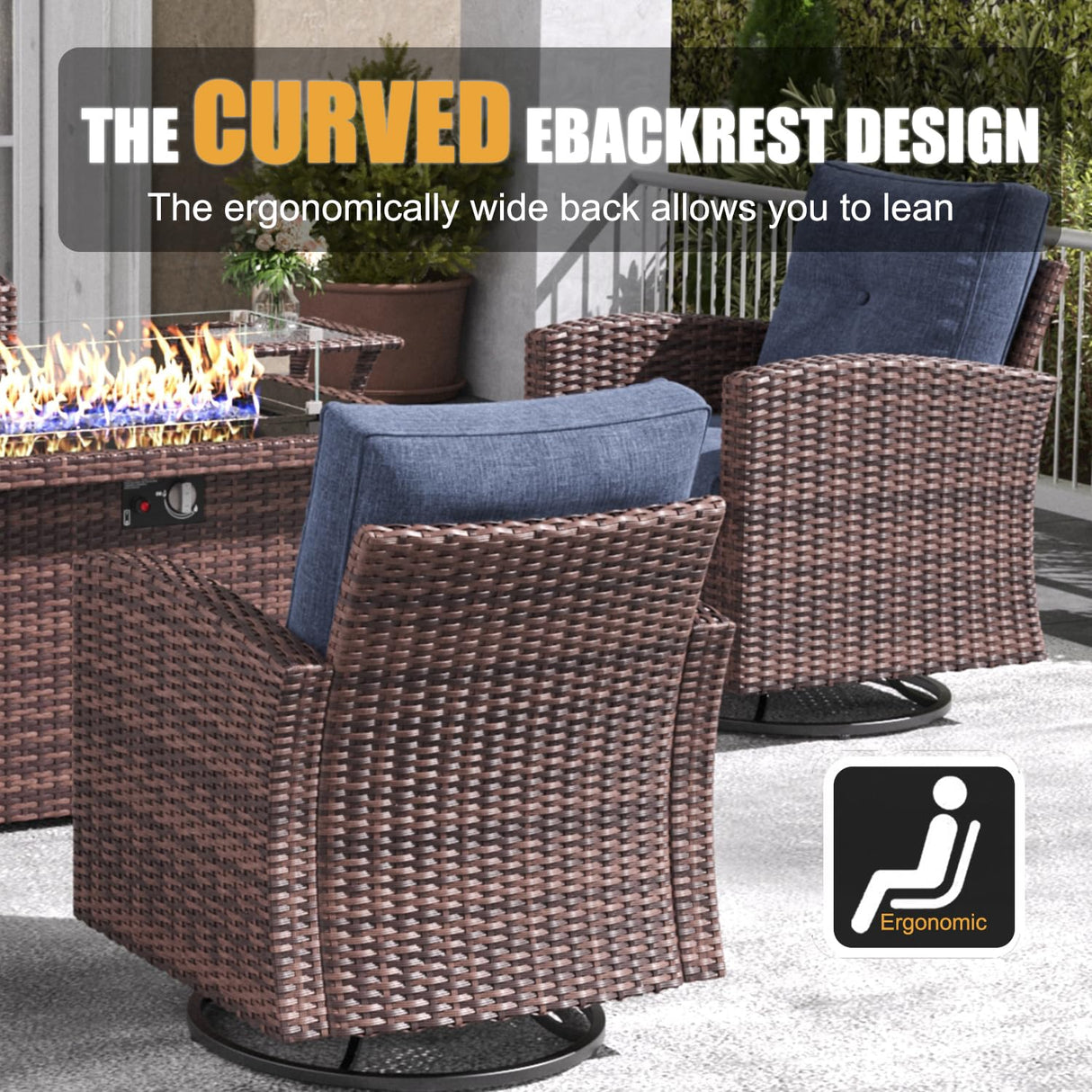 LayinSun 10 Pieces Patio Furniture Set with Swivel Chairs, Rattan Wicker Rocking Glide Chairs with 44" Propane Gas Fire Pit Table Conversation Set LayinSun