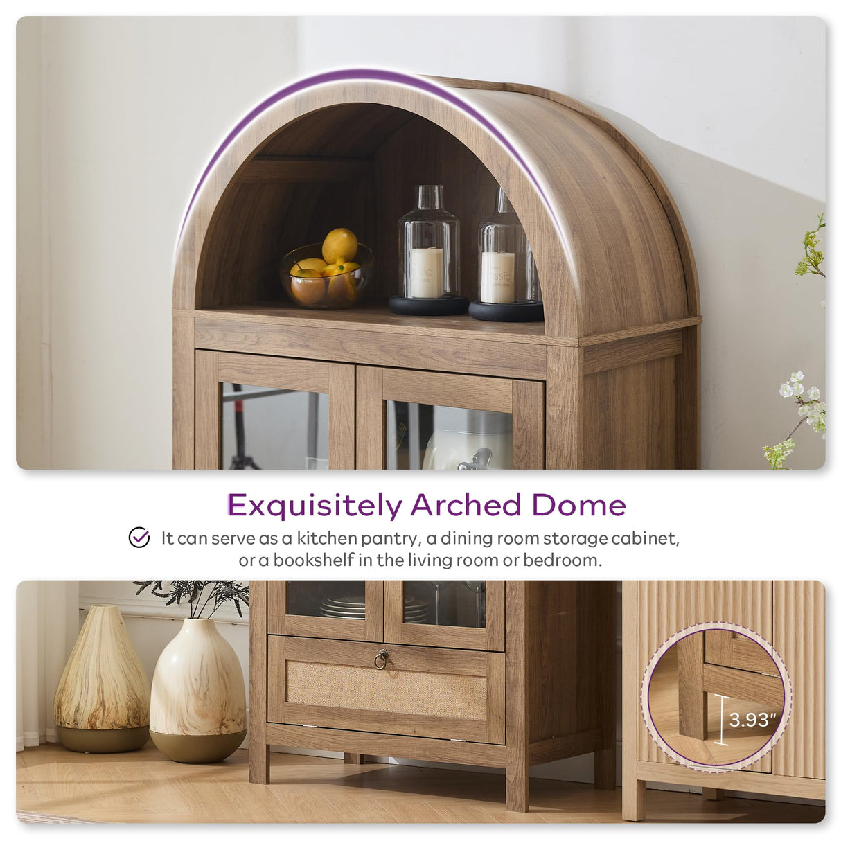 TYBOATLE 71" Tall Arched Pantry Cabinet with Innovative Drawer, Kitchen Cabinet with Anti-Tipping Device and Glass Door, Versatile Cupboard for Kitchen, Dining, Natrual TYBOATLE