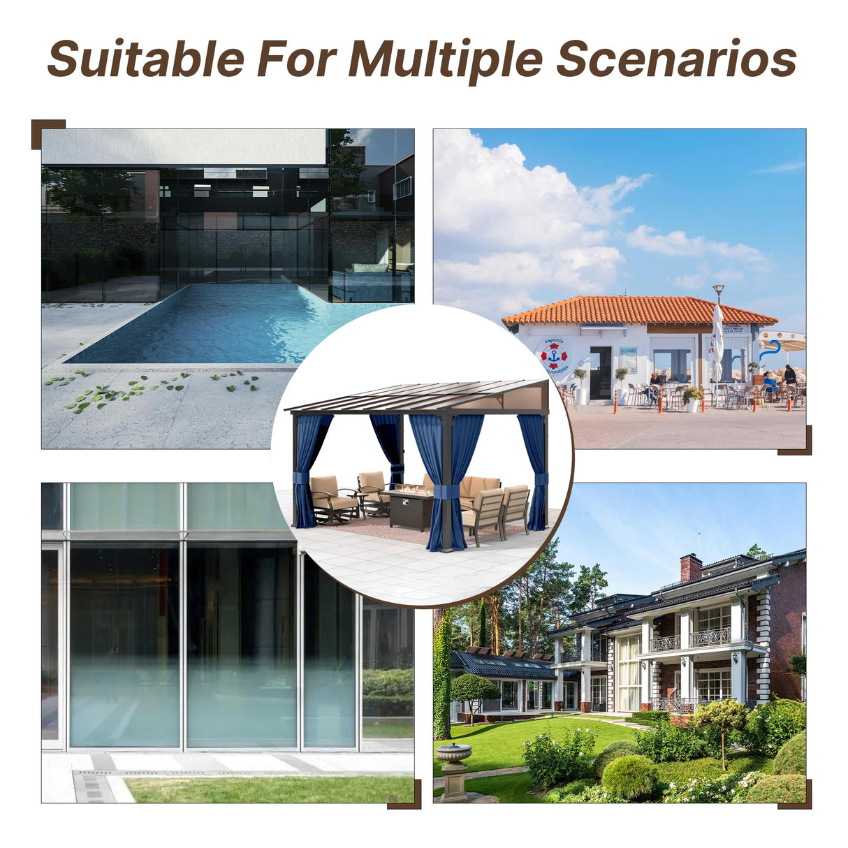 Gotland 10FTx26FT Outdoor Wall-Mounted Hardtop Pergola, Metal Frame Gazebo with Sloping Sun Panel Roof and Double Curtains for Patio, Garden, Lawn, Navy Gotland