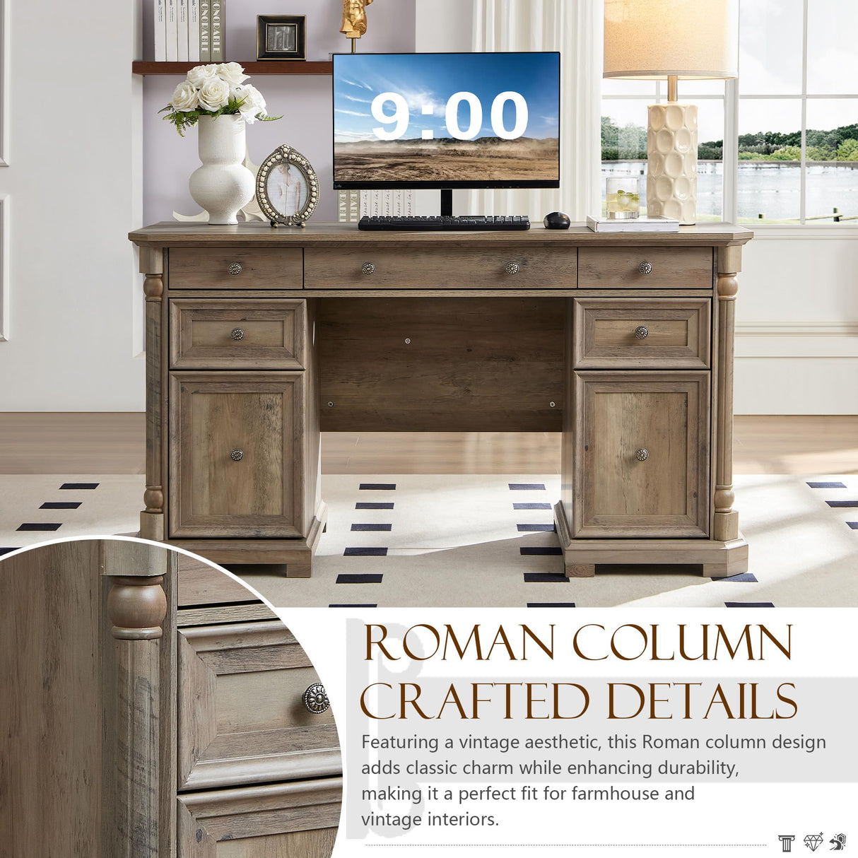 Yechen 55'' Wood Executive Desk with 7 Drawers - Farmhouse Home Office Desks with Power Outlet, Wooden Computer Desk with Roman Columns, Rustic Writing Table for Work & Study, Weathered Reclaimed Oak Yechen