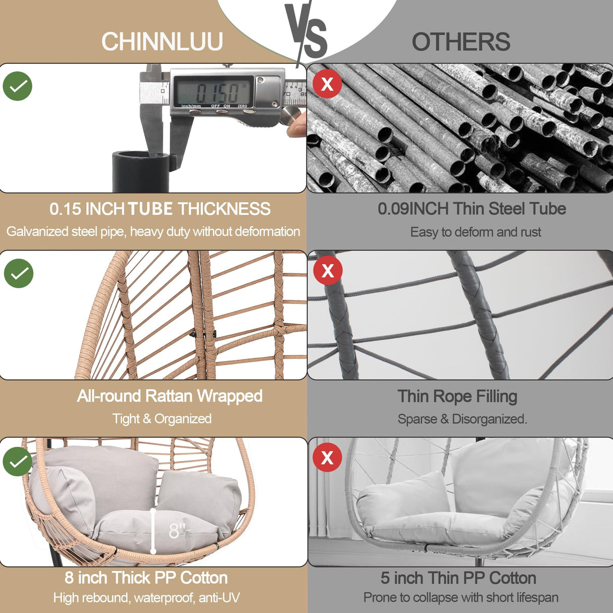 CHINNLUU Oversized Hanging Egg Chair Outdoor Wicker Swing Chair with Stand Rain Cover UV Resistant Cushion 400lbs Capacity for Patio, Garden and Balcony CHINNLUU