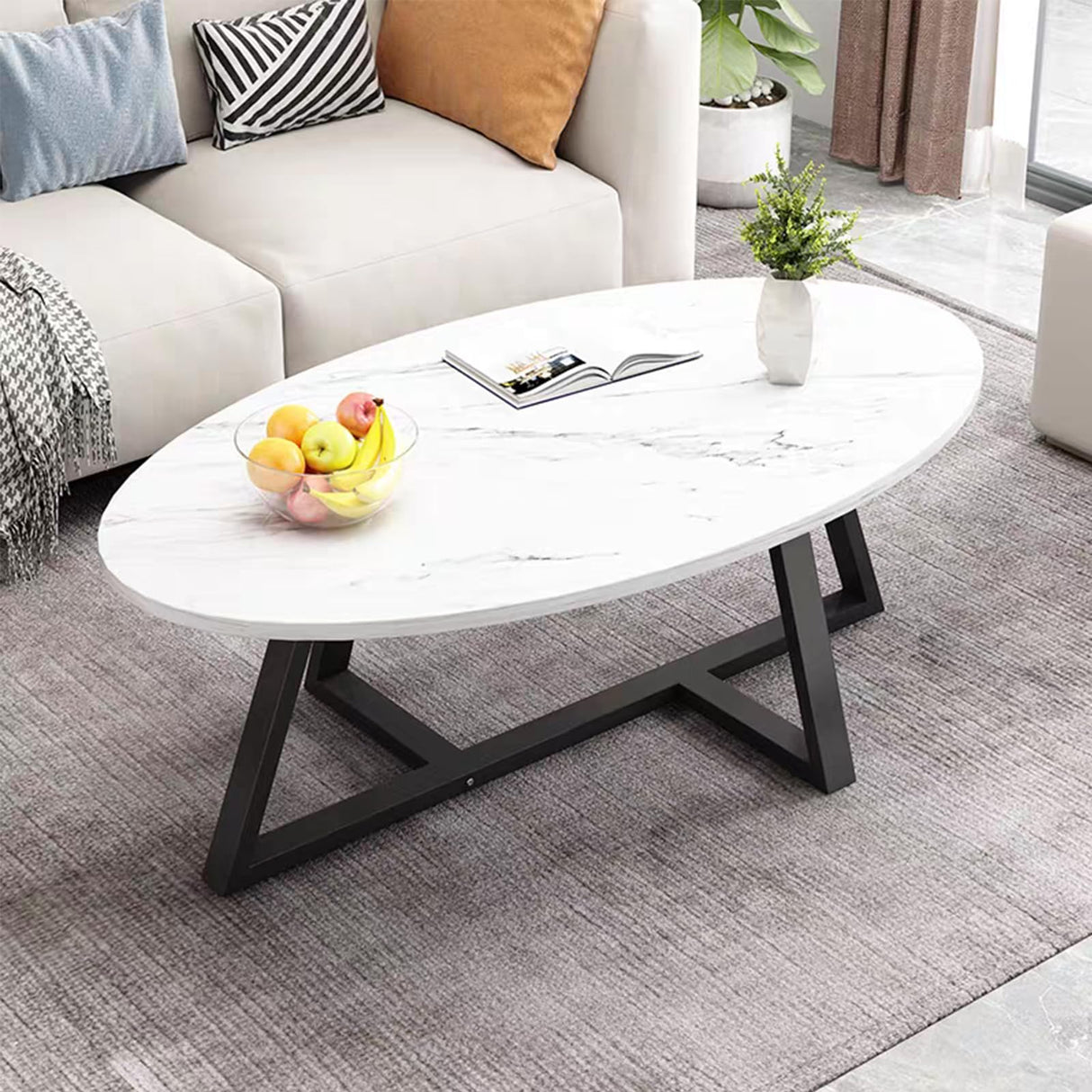 Wolawu Coffee Table White Faux Marble Coffee Table for Living Room,Oval Modern Center Table Tea Table for Small Space,Wooden Living Room Tables End Table with Sturdy Black Metal Leg Wolawu