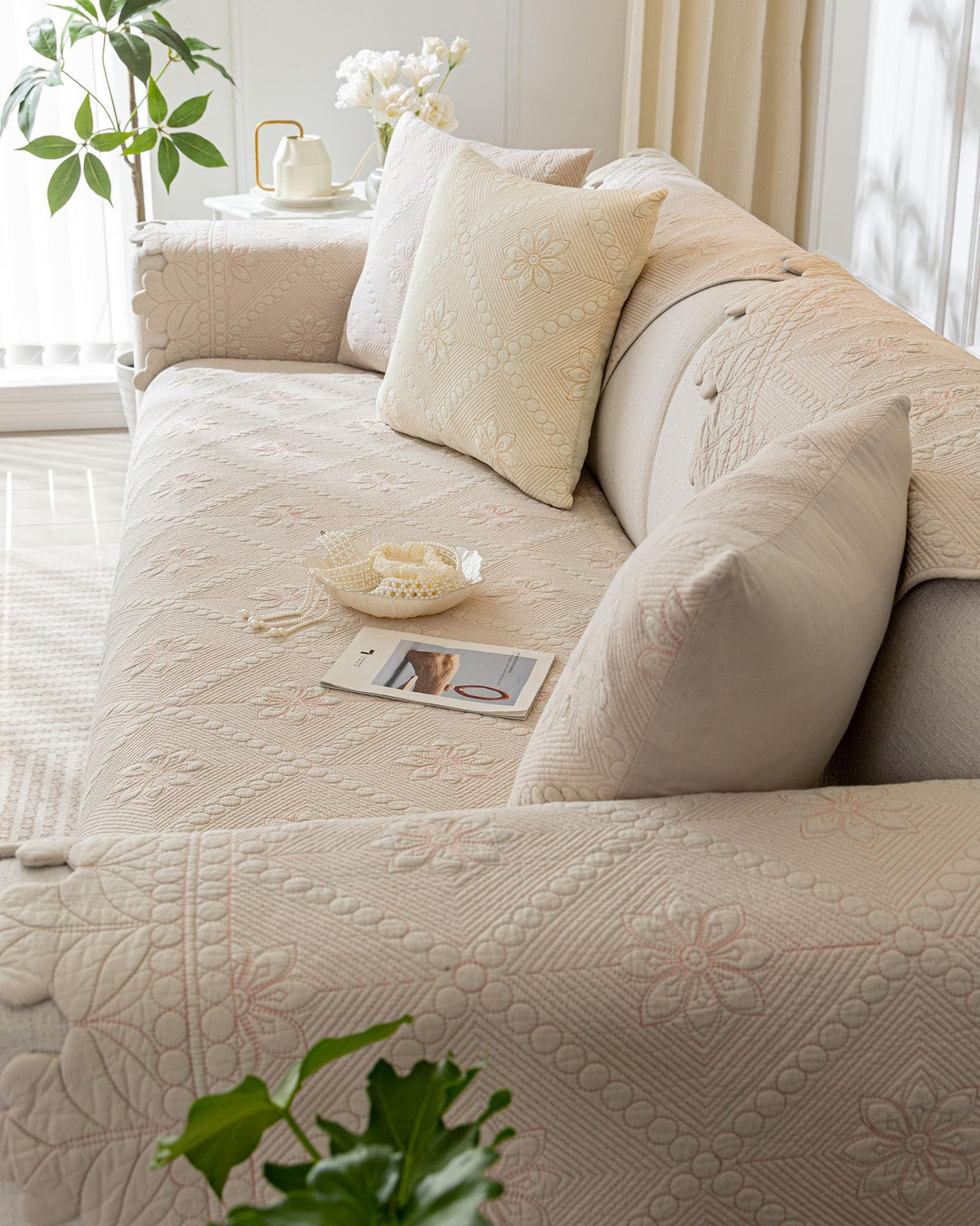 XSlive Cotton Quilted Dog Couch Cover for Sofa Farmhouse Rustic Embroidery Sectional Couch Cover Soft Anti-Slip Sofa Slipcover Furniture Protector for Kids, Pets (Khaki,28"x59") XSlive