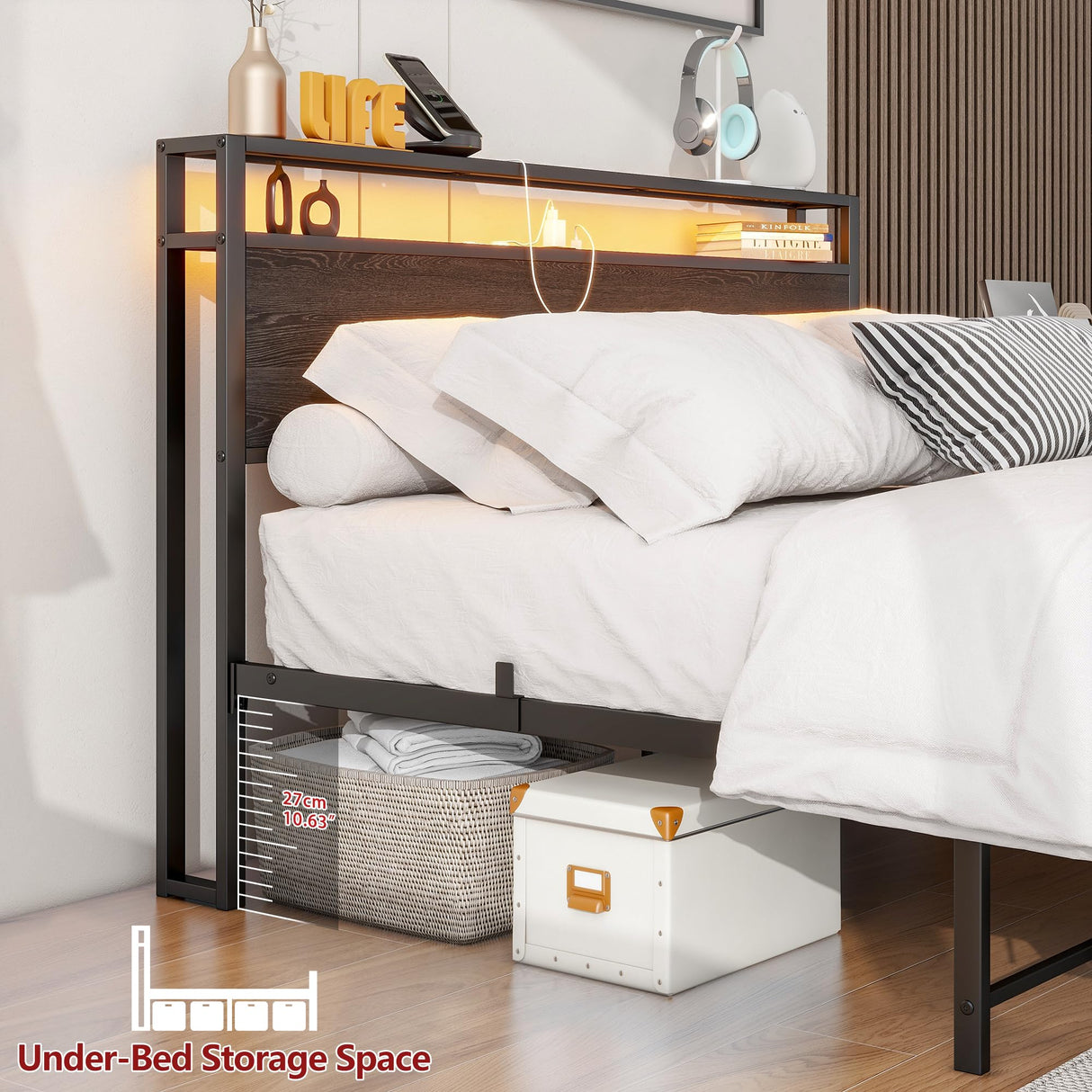 Queen Bed Frame with Storage Headboard/LED Lights,Metal Platform Bed Frame Queen Size with Storage Charging Station,Queen Bed Frame No Box Spring Needed,Heavy Duty Metal Slats,Bed Base,No Noise,Black HOJINLINERO