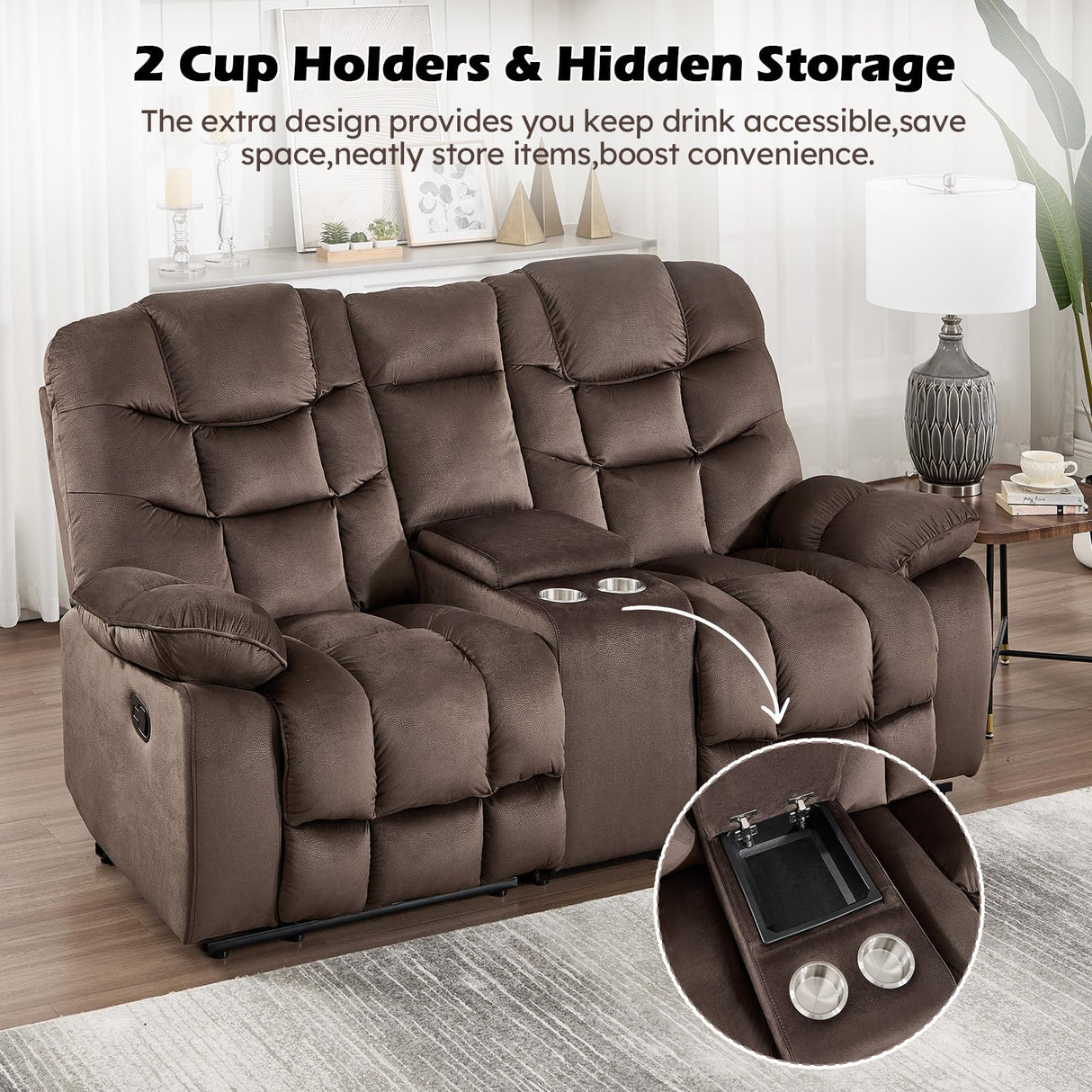 HAOMARKETS 2-Piece Recliner Sofa Set, Include Single Power Recliner Chair with Massage & Heat and Manual 2-Seater Loveseat Reclining Couch with Hidden Storage and Cup Holders for Living Room, Brown HAOMARKETS
