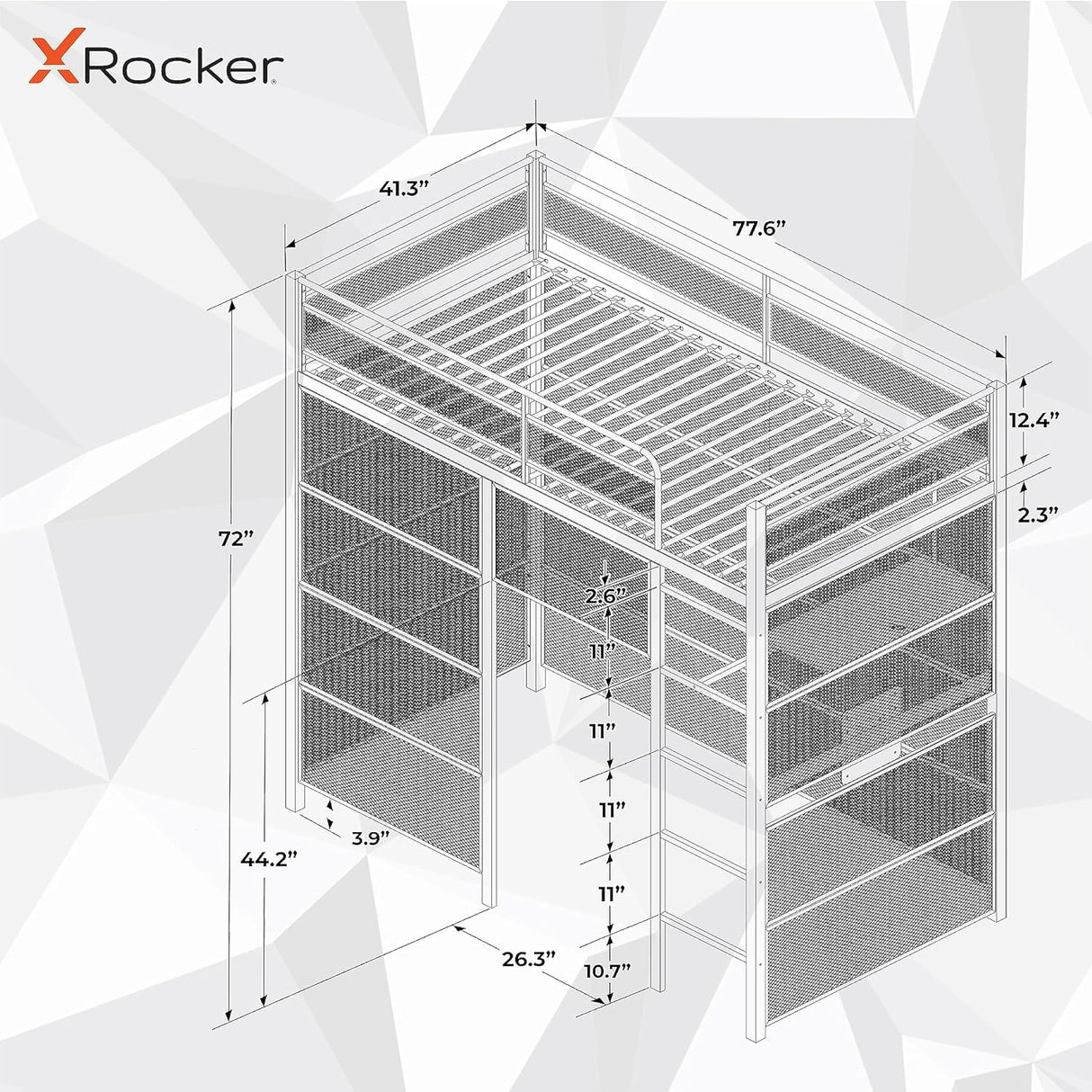 X Rocker Battle Den Twin Size Gaming Bunk Bed, Metal Frame with Grid Mesh Sides, High Sleeper, Fixed Ladder, Black X Rocker