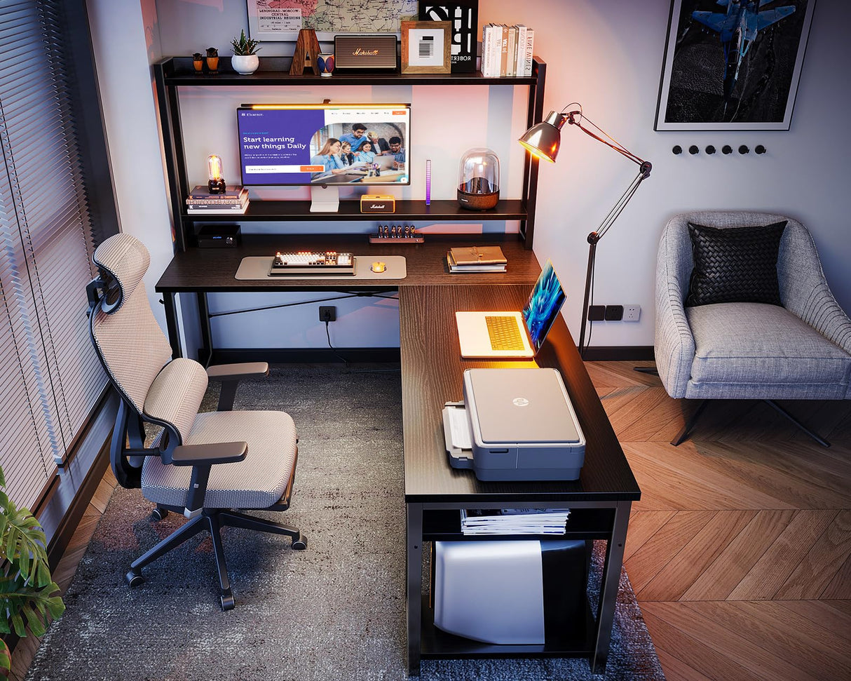 ODK L Shaped Gaming Desk with Hutch, Computer Desk with Storage Shelves, 59" L Shaped Desk for Home Office, Corner Desk with Headphone Hook, Black ODK