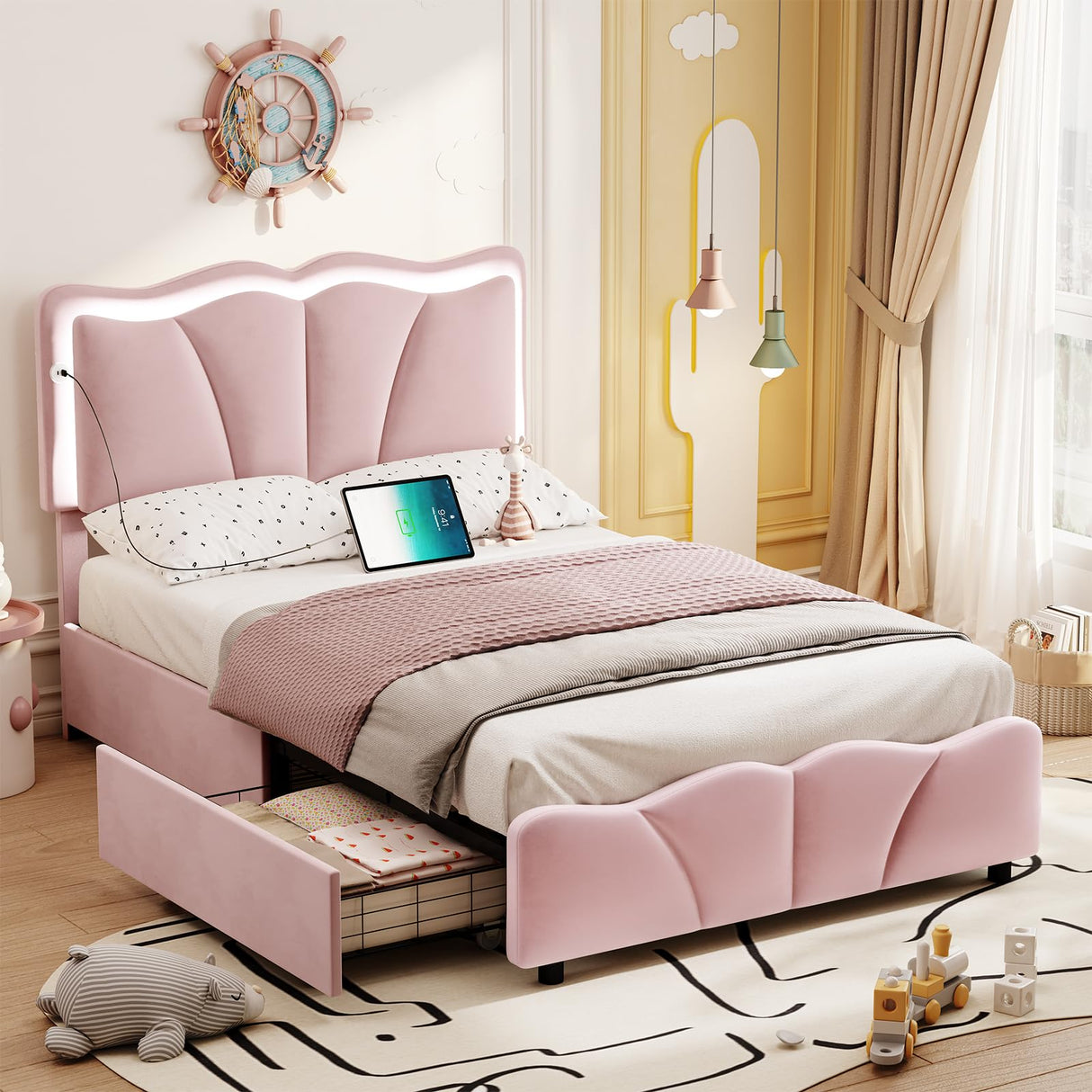 FORABAMB Twin Bed Frame with 4 Drawers, Upholstered LED Bed Frame with Adjustable Flowers Headboard, Platform Bed Frame Twin Size with Wooden Slats Support, No Box Spring Needed, Pink FORABAMB