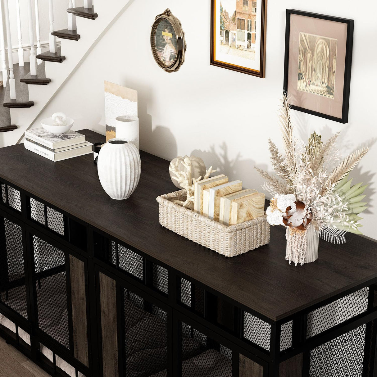 DAWNSPACES Furniture Dog Crate, 71" Heavy Duty Wood Dog Cage Kennel House Furniture with a Removable Divider, Indoor Dog Crate Table TV Stand with Double Doors for Large Medium Breed Dogs, Brown DAWNSPACES